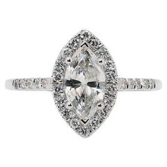 18k White Gold Ring Halo Marquise with 1.08 ct Natural Diamonds IGI Certificate