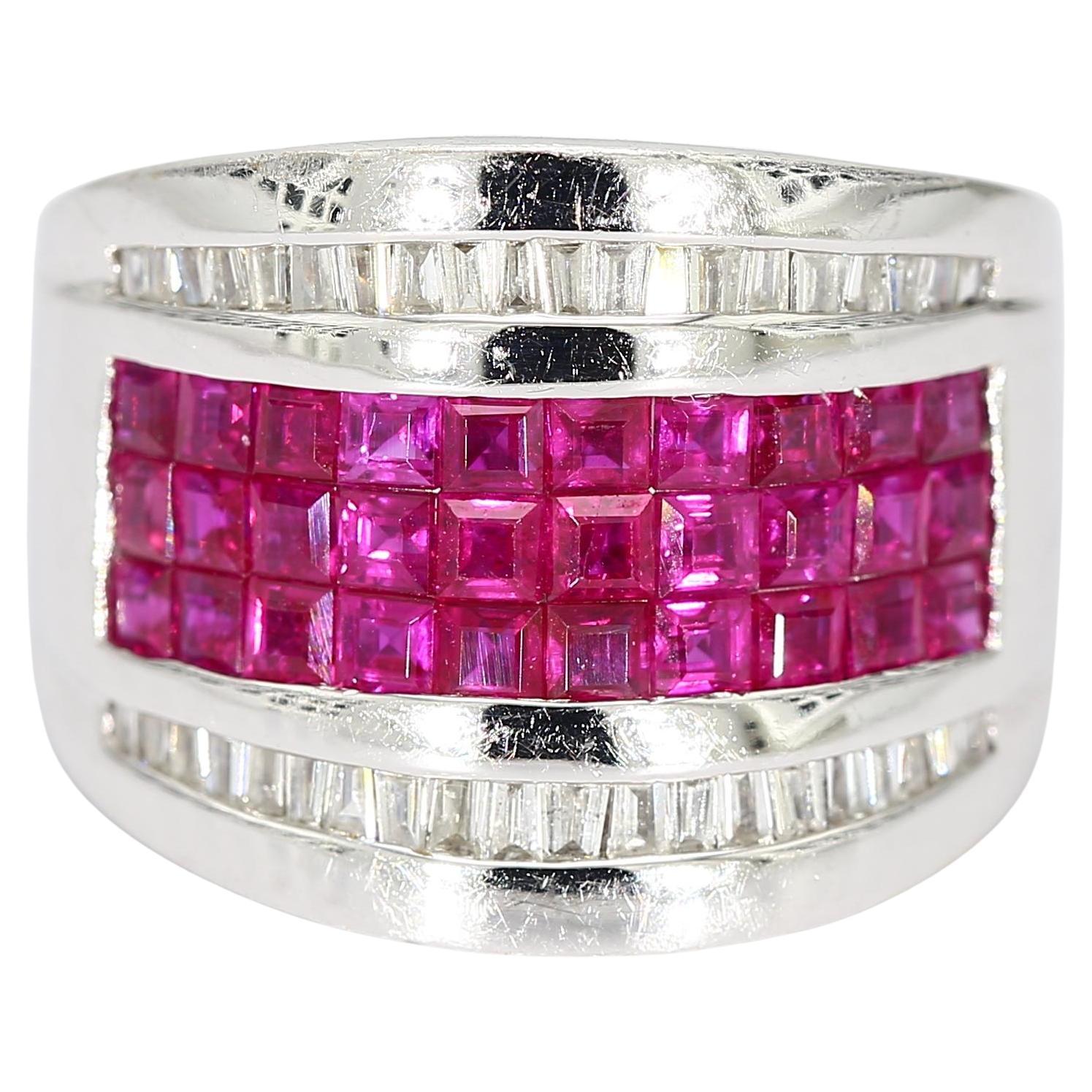 Anello in oro bianco 18k con rubini taglio principessa coltivati in laboratorio e accenti di diamanti - Misura 6,25