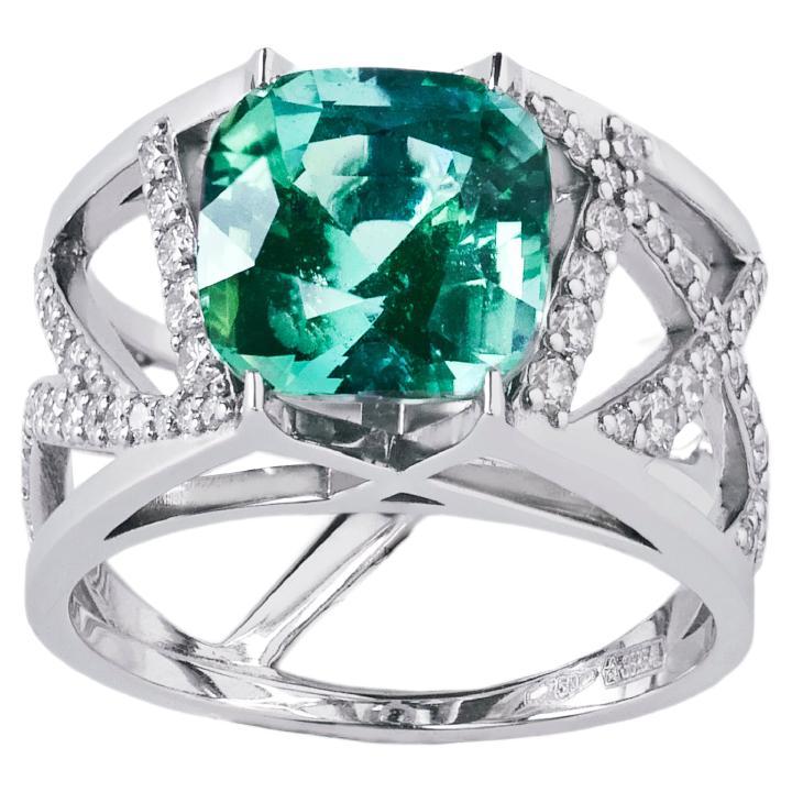 18K White Gold Ring, Mint Tourmaline 4.05 Ct., White Diamonds 0.87 Ct. For Sale