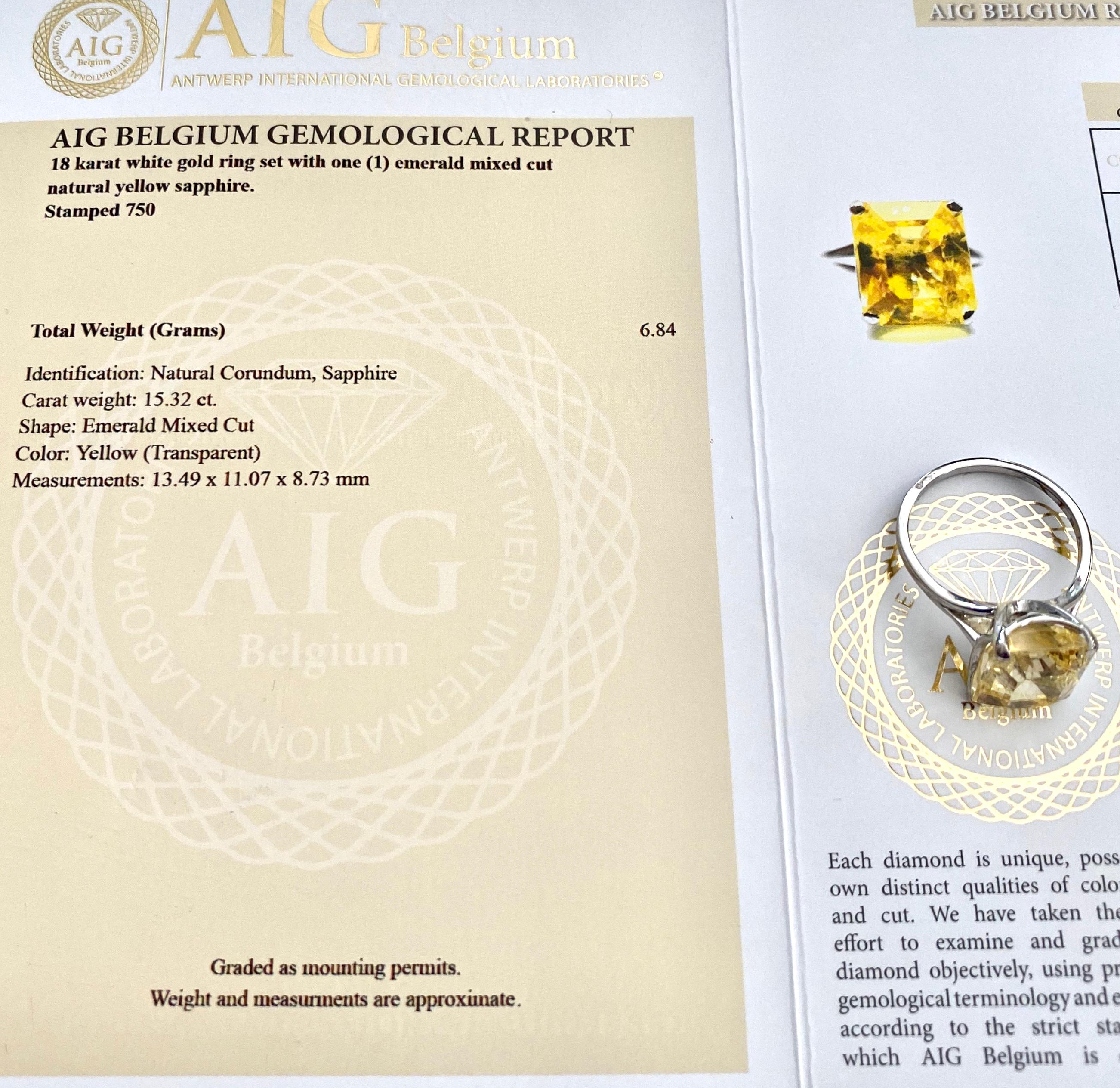 18 Karat White Gold Ring Set with One Natural Yellow Sapphire, 15.32 Carat 3