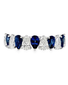 18K White Gold Ring Single Row Alternating Pear Shaped Blue Sapphires & Diamonds