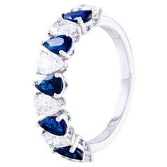 18K White Gold Ring Single Row Alternating Pear Shaped Blue Sapphires & Diamonds