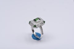 18k White Gold Ring w/ White Diamonds, Tsavorite & Milky Quartz
