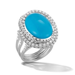 18 Karat Gold Ring with 12.54 Carat Aquamarine Cabachon Stone and 117 Diamonds