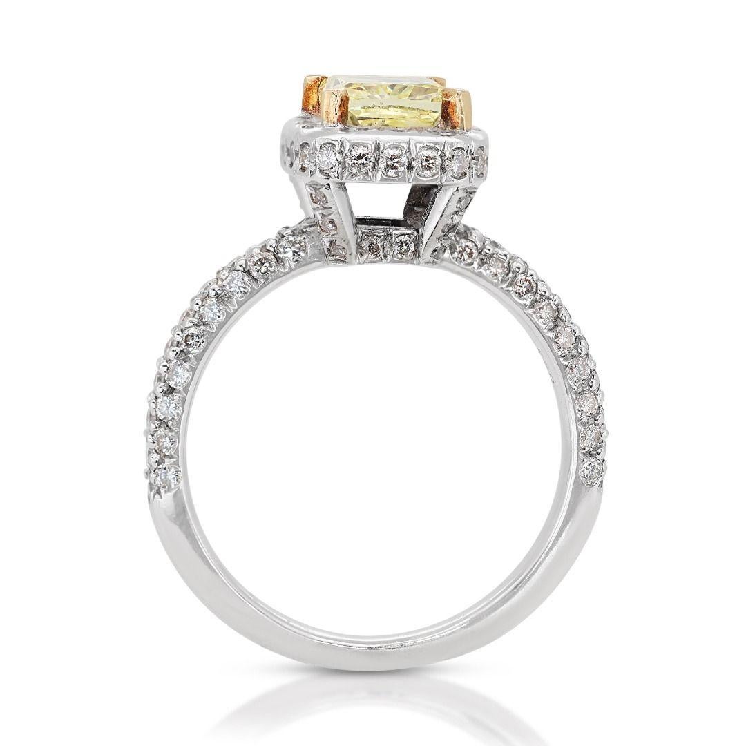 Radiant Cut 18K White Gold Ring with 1.91 Natural Diamonds and Fancy Intense Yellow Diamond For Sale