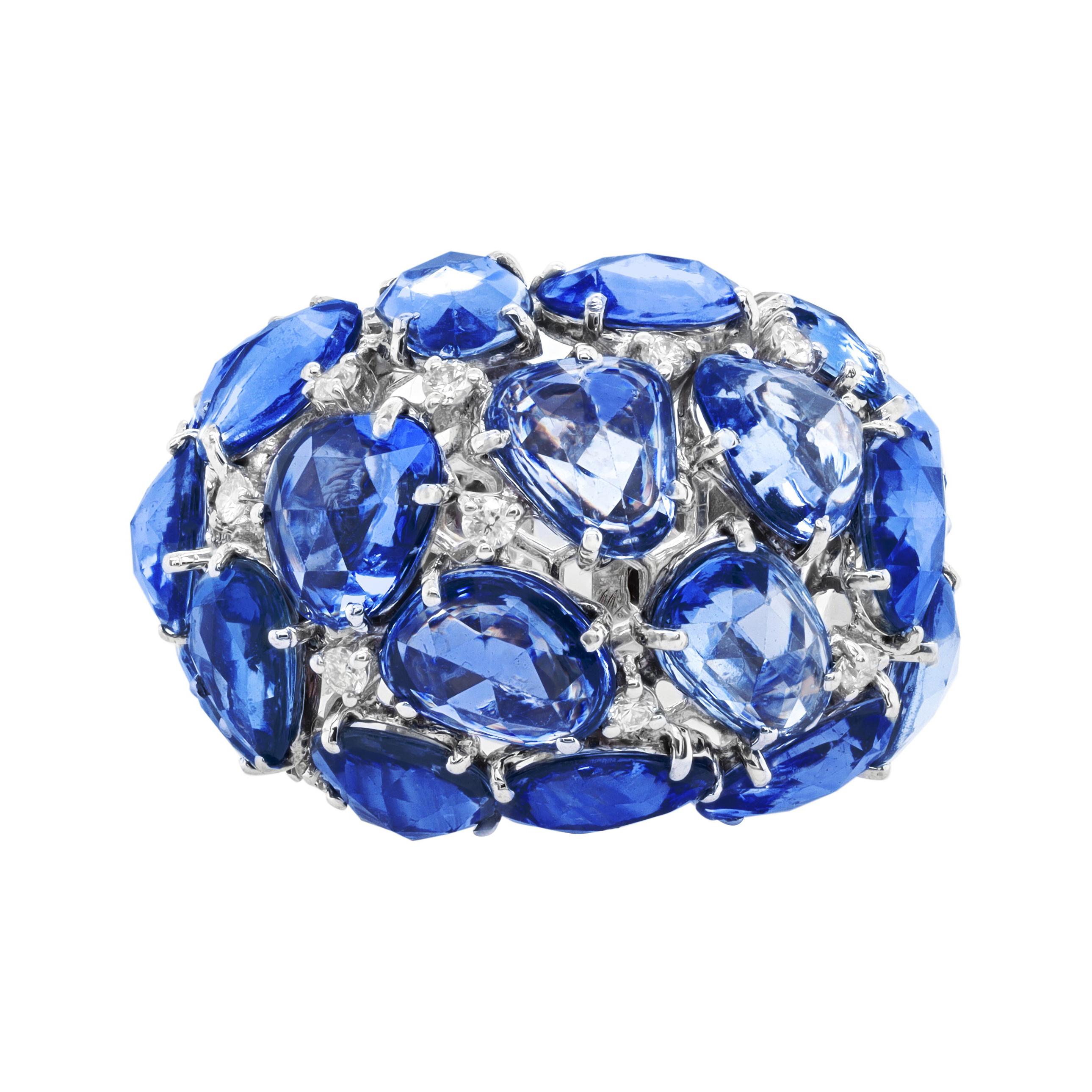 18k White Gold Ring with 20.00 Cts Blue Rose Cut Sapphire & 1.25 Cts of Diamonds
