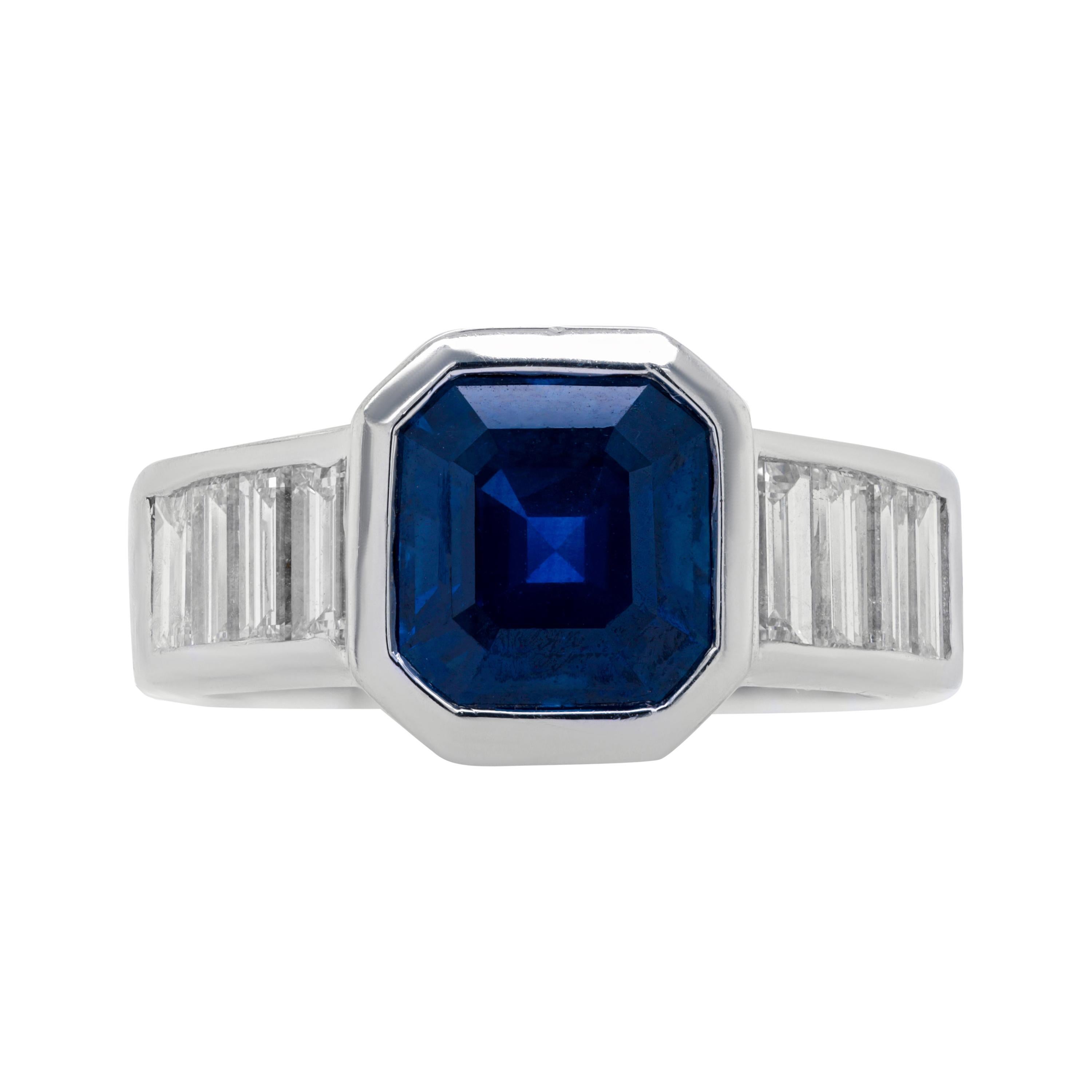 18k White Gold Ring with 3.31 Ct Asscher Cut Sapphire & 1.15 Ct Emerald Diamonds For Sale