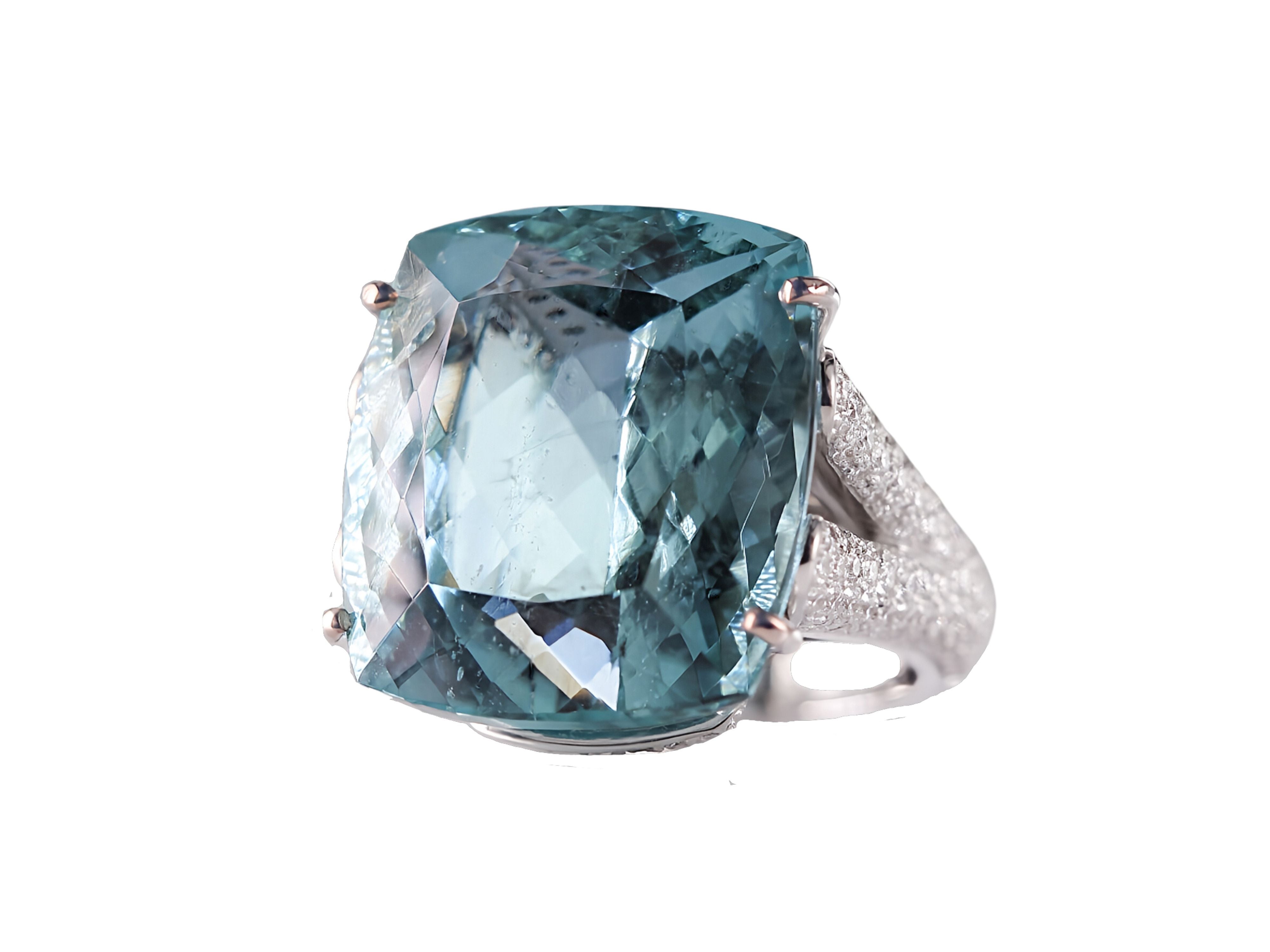 Explore the timeless elegance of this 18 kt white gold ring set with a 47 carat natural Aquamarine and white Diamonds. The main stone, a sea-blue colour with slight nuances, is the centrepiece of this essential and contemporary design.

Handmade in