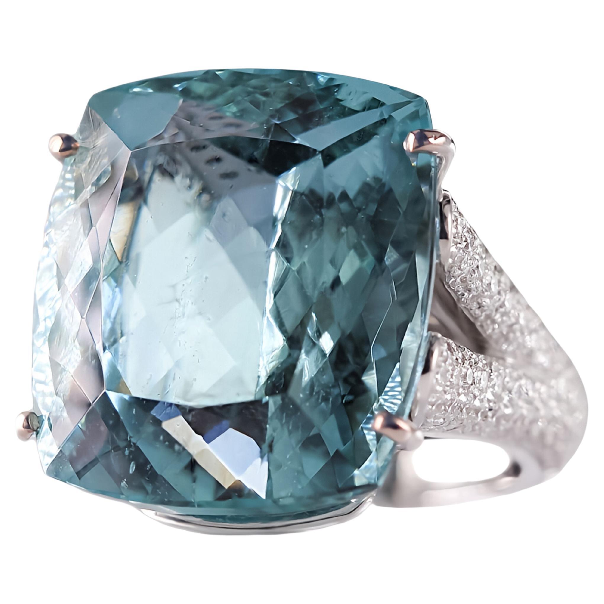 Breathtaking 18k White Gold Ring with 47.00 Carat Aquamarine and Diamonds For Sale