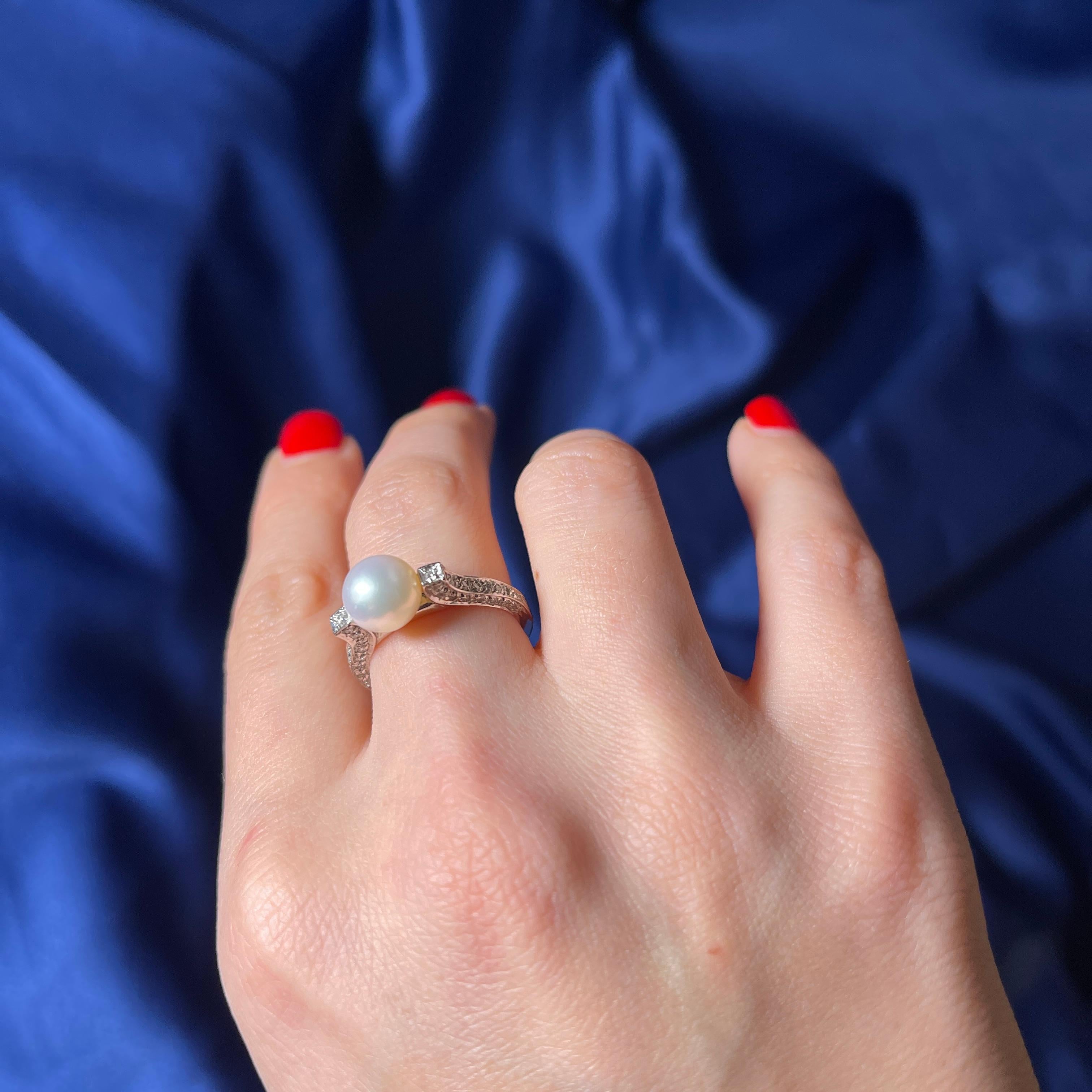 18k White Gold Ring with 8mm White Pearl and Pavé Diamond Band For Sale 4