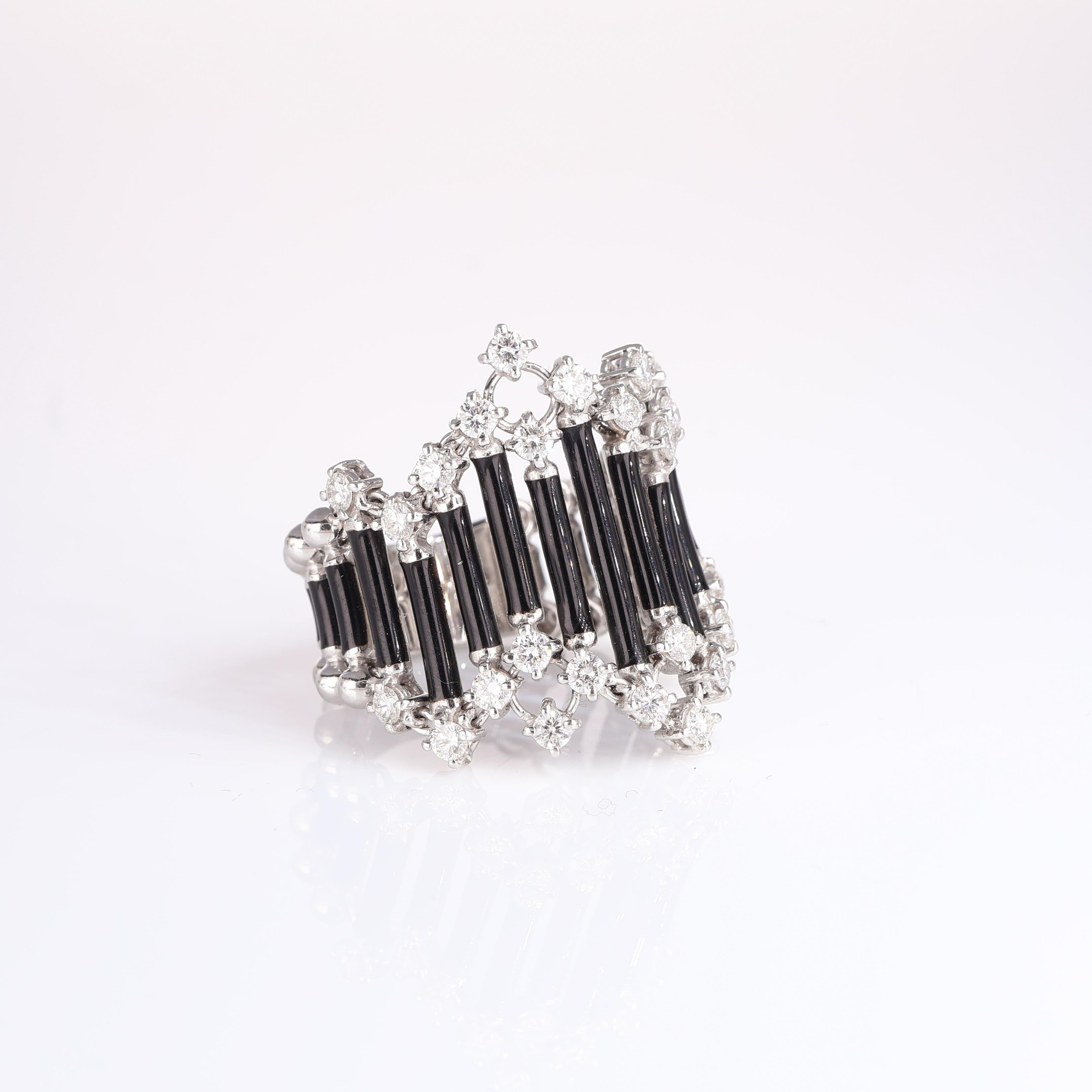 Brilliant Cut 18K White Gold Ring with Black Enamel and Diamonds For Sale