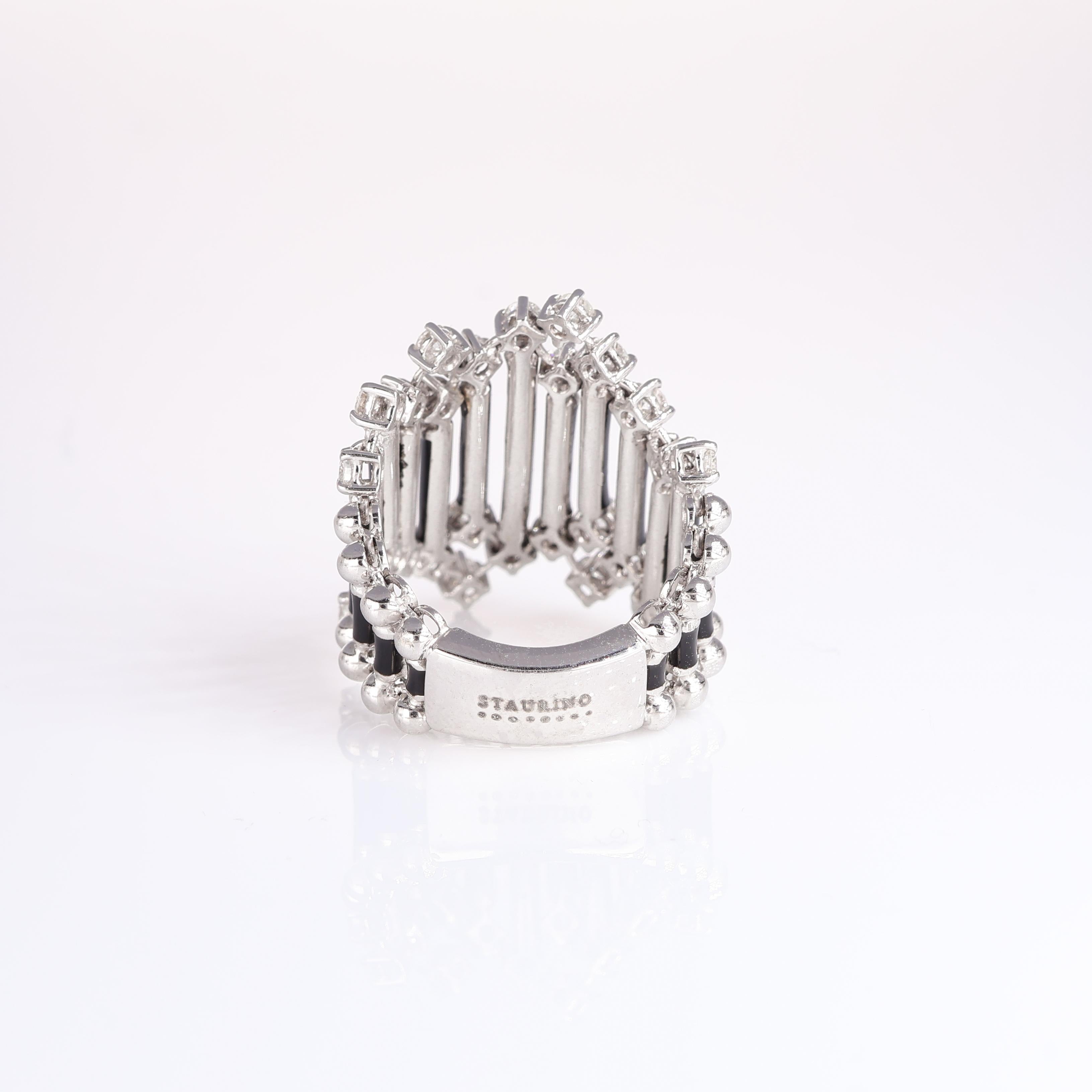 Women's or Men's 18K White Gold Ring with Black Enamel and Diamonds For Sale
