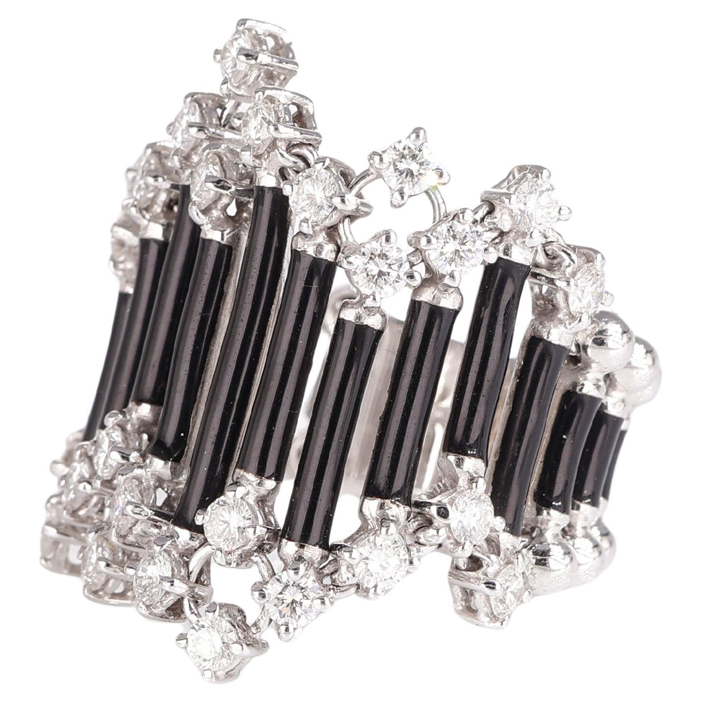 18K White Gold Ring with Black Enamel and Diamonds