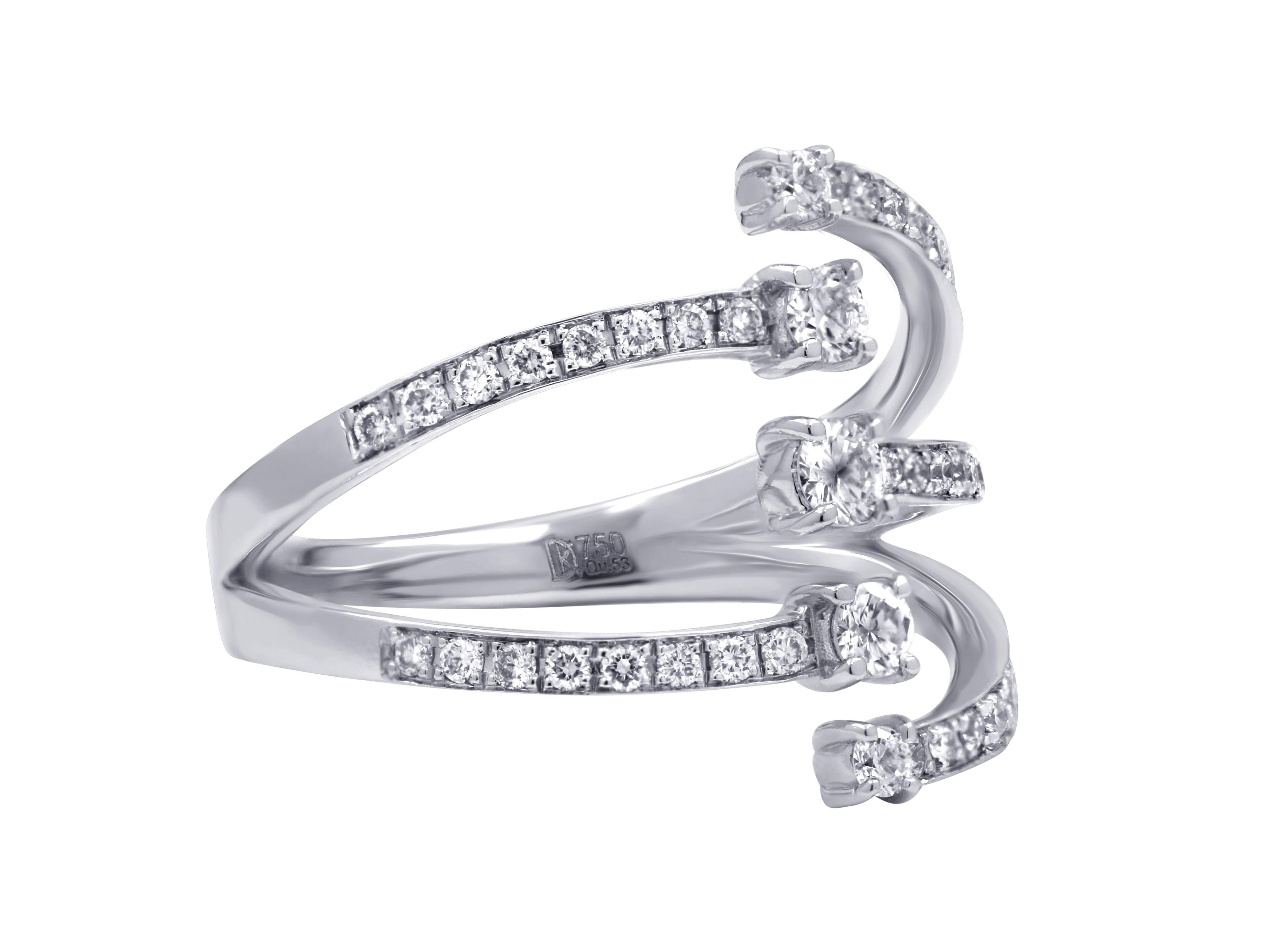 Modern ring in 18k white gold with five brilliant cut diamonds total 0.59 carats.

Width: 0.669”, 1.7cm