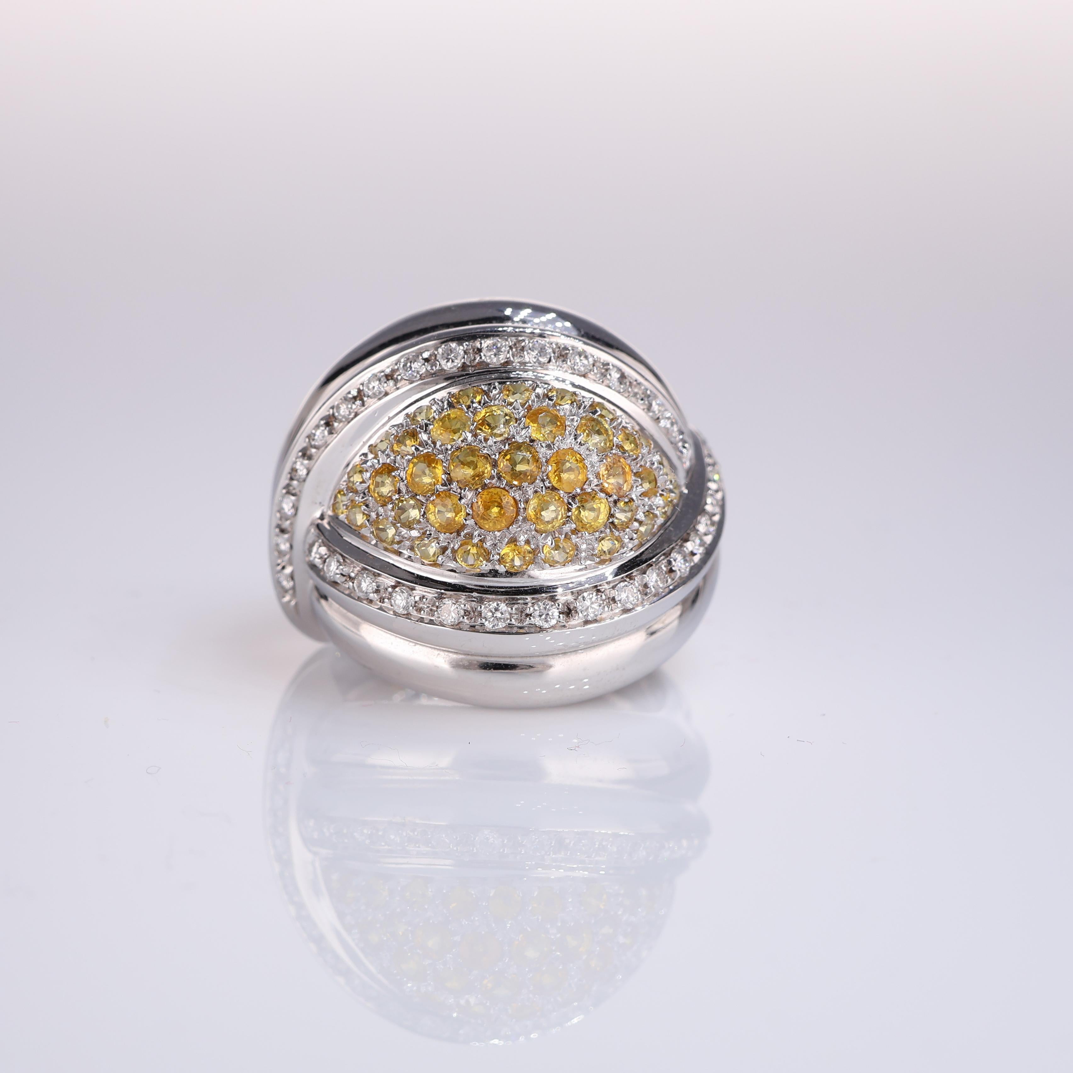 IMPORTANT NOTE:
✔ No additional costs will be added to this order.
✔ Shipping and customs duties are fully covered by us.
--------------------
This 18K white gold ring combines elegance and sophistication with its central pavé of yellow sapphires