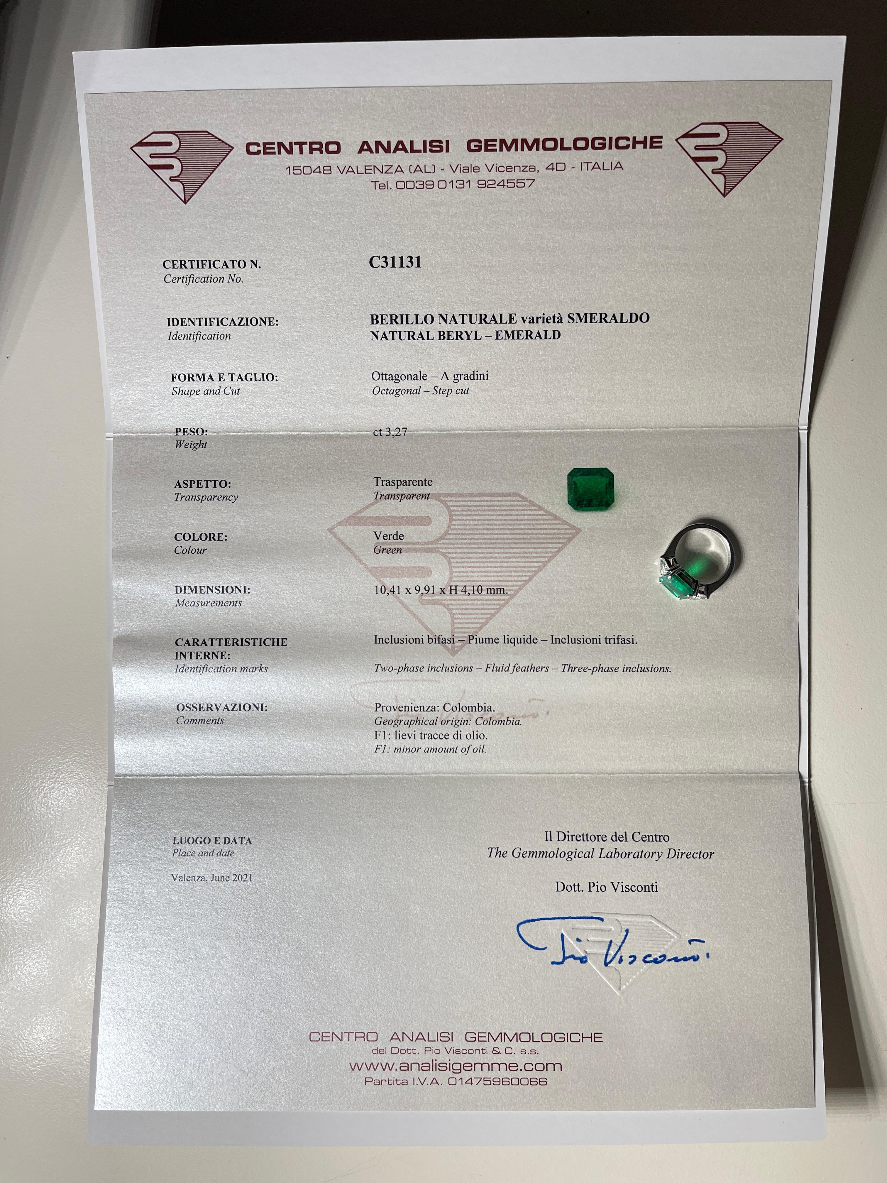 18K White Gold Ring with Colombian Emerald and Triangular Diamonds For Sale 10