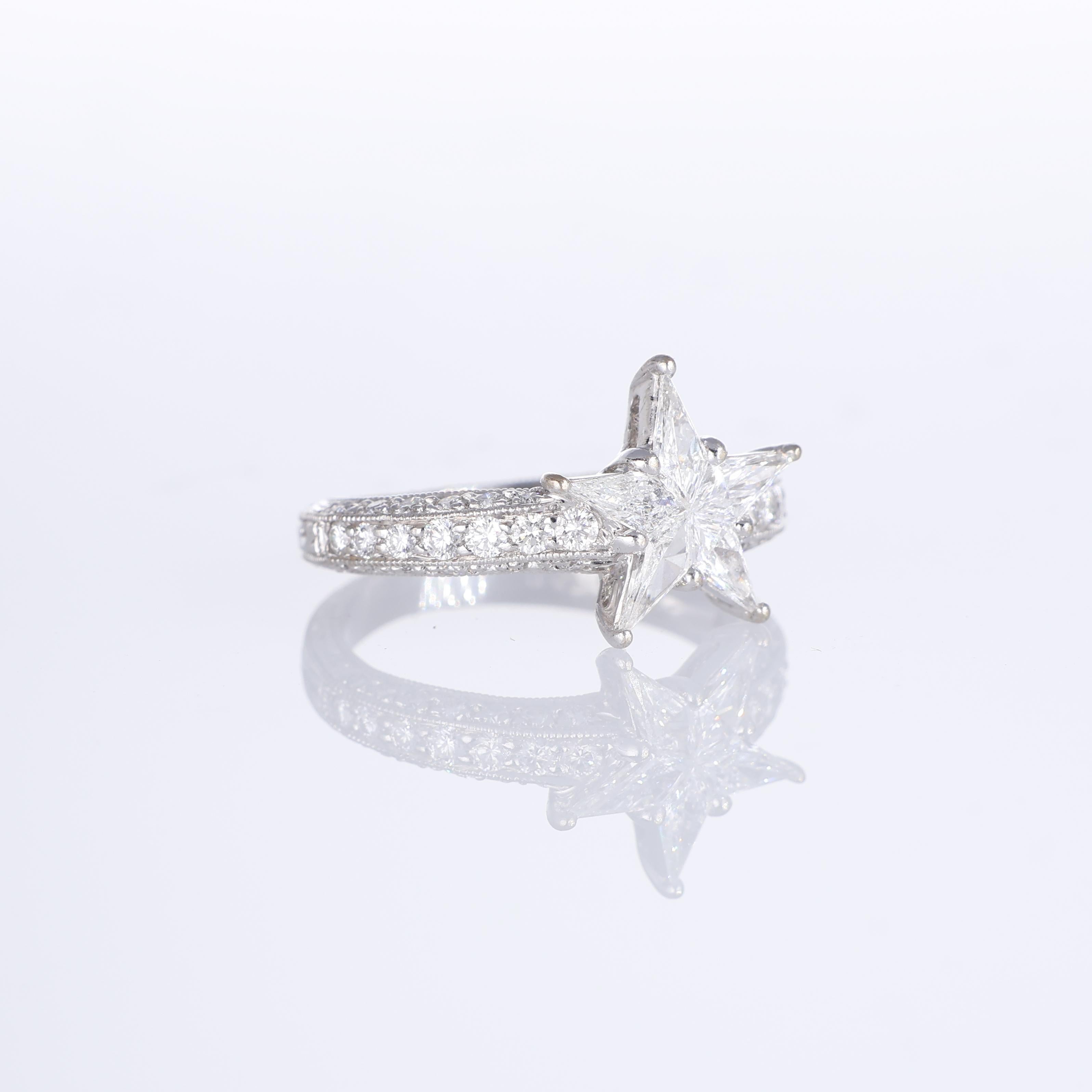 Brilliant Cut 18K White Gold Ring with Diamond Star Centerpiece and Pave Diamonds For Sale