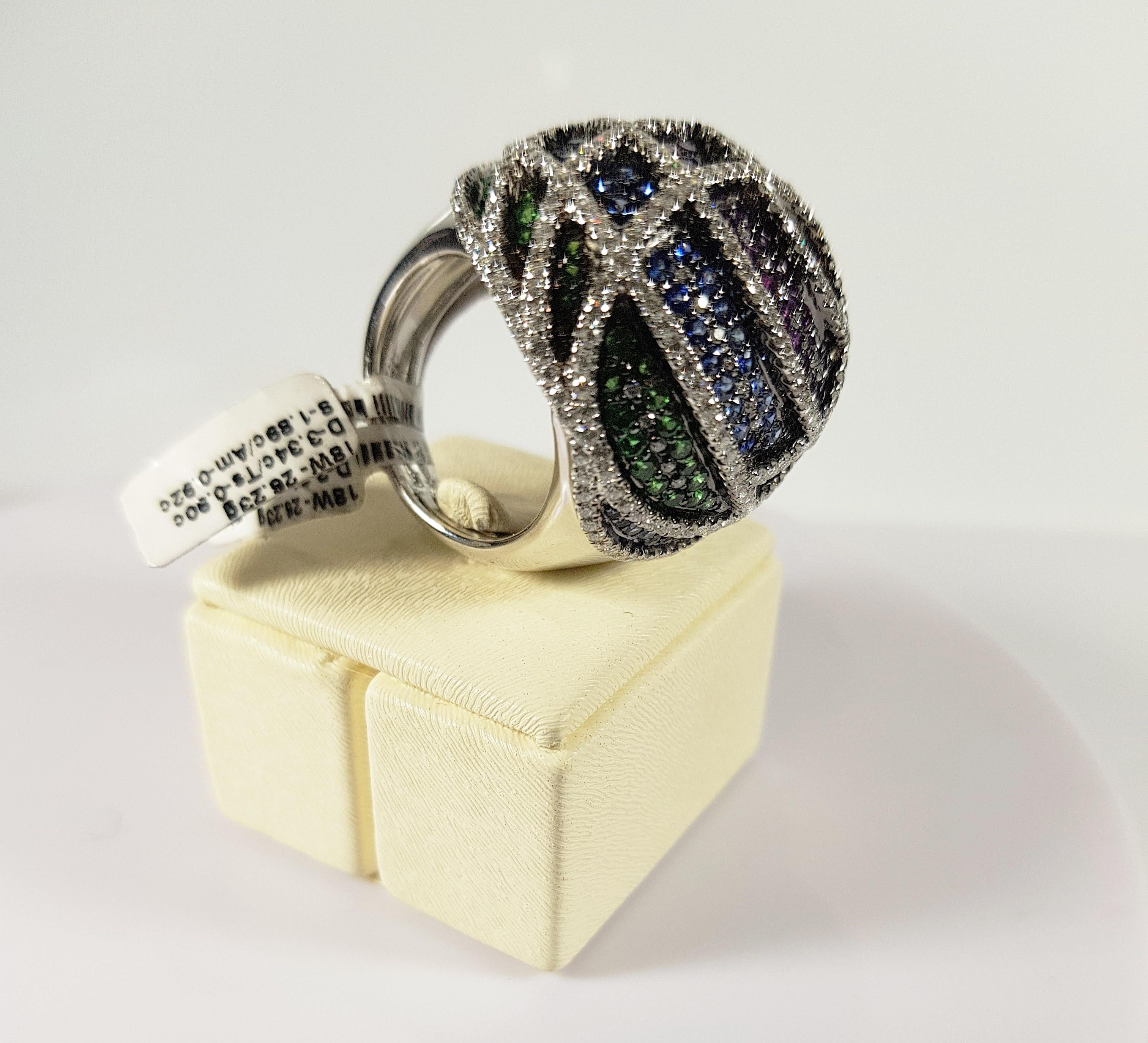 Brilliant Cut 18 Karat White Gold Ring with Diamonds, Amathyste, Sapphires and Tsavorite For Sale