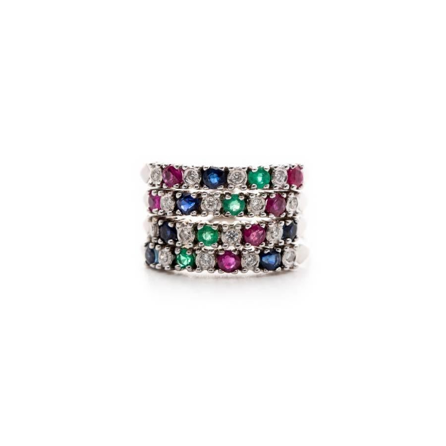 Women's 18K White gold ring with diamonds, emeralds, sapphires and rubies For Sale