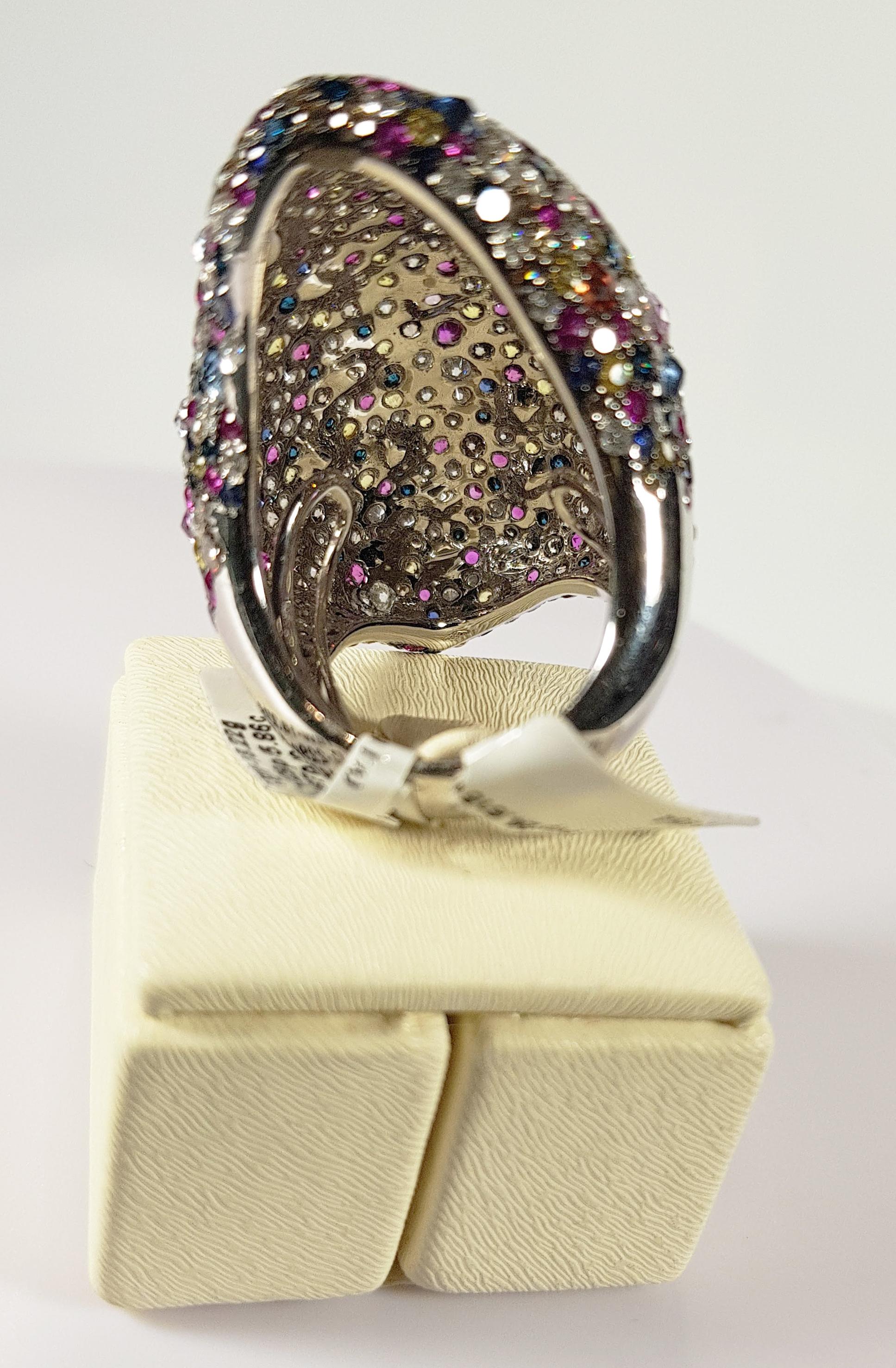 Contemporary 18 Karat White Gold Ring with Diamonds, Sapphires and Rubies For Sale
