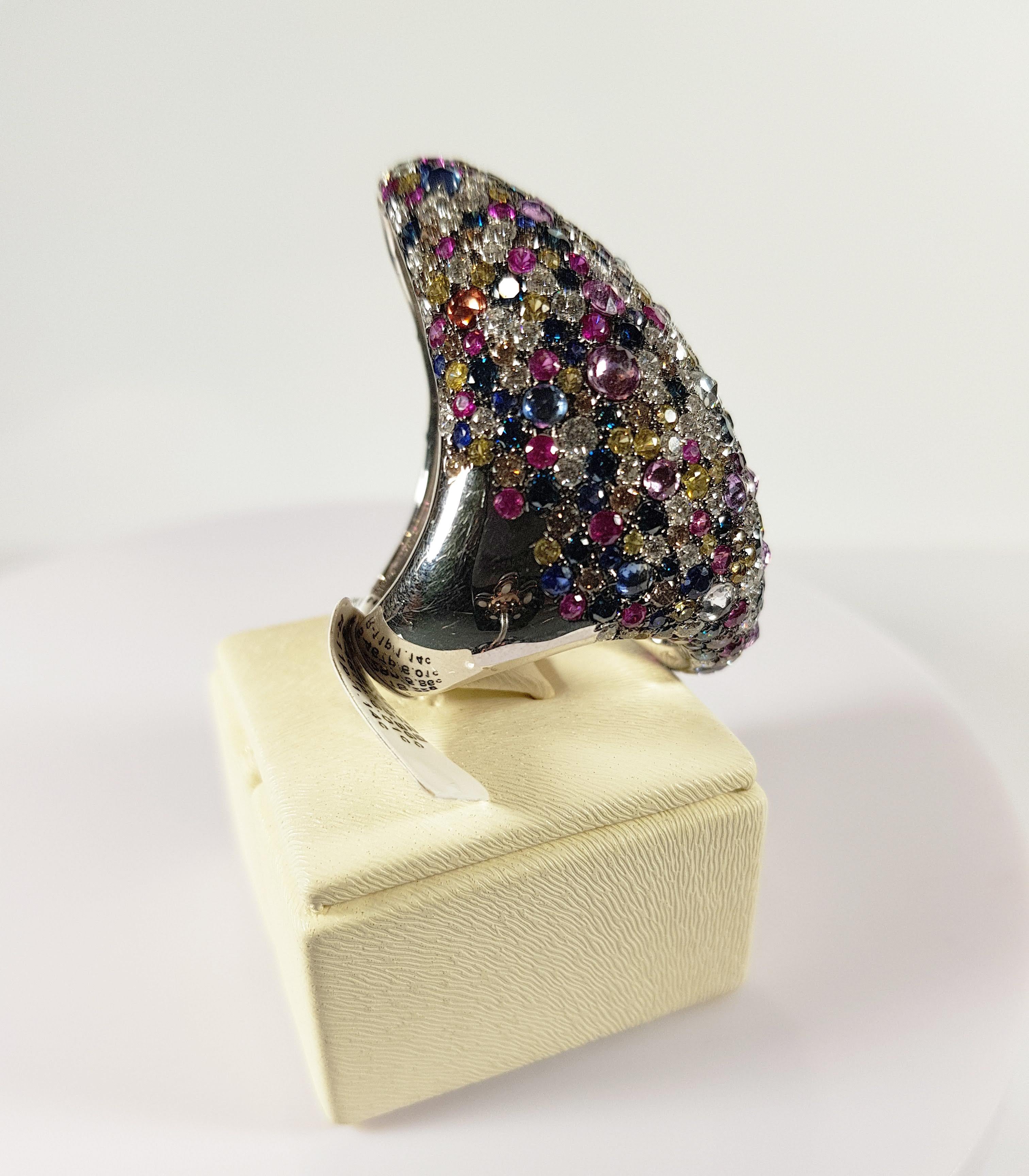 Brilliant Cut 18 Karat White Gold Ring with Diamonds, Sapphires and Rubies For Sale