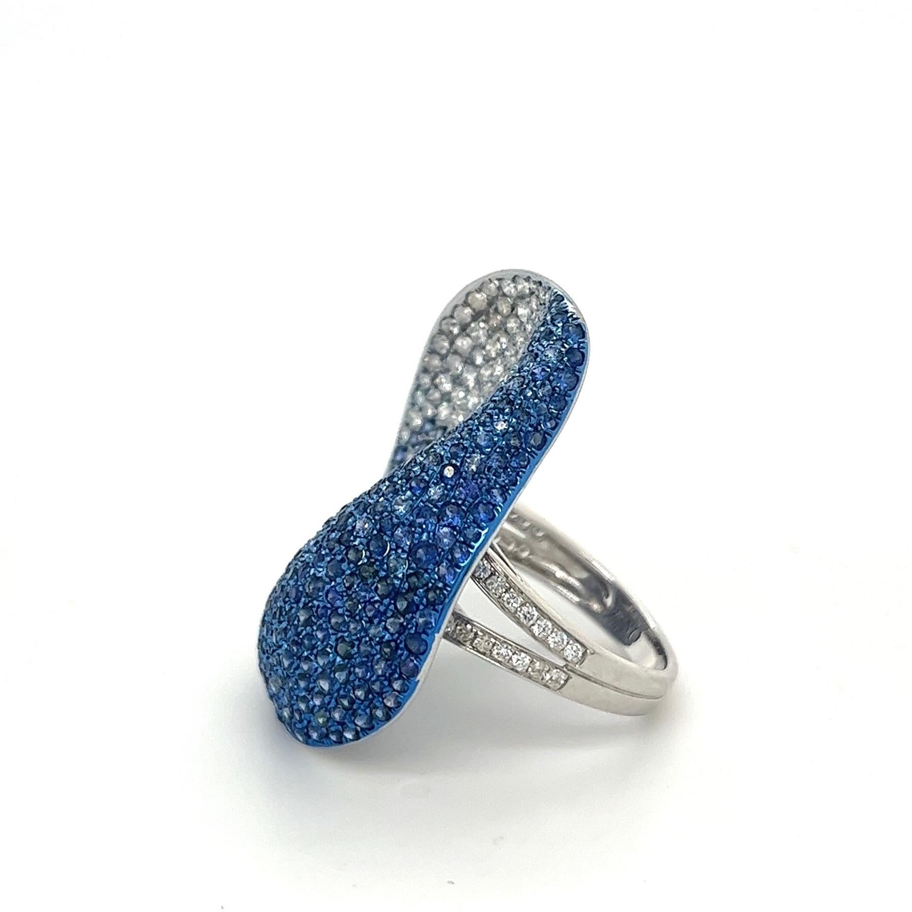 Modern 18K White Gold Ring with Diamonds & Blue Sapphires For Sale