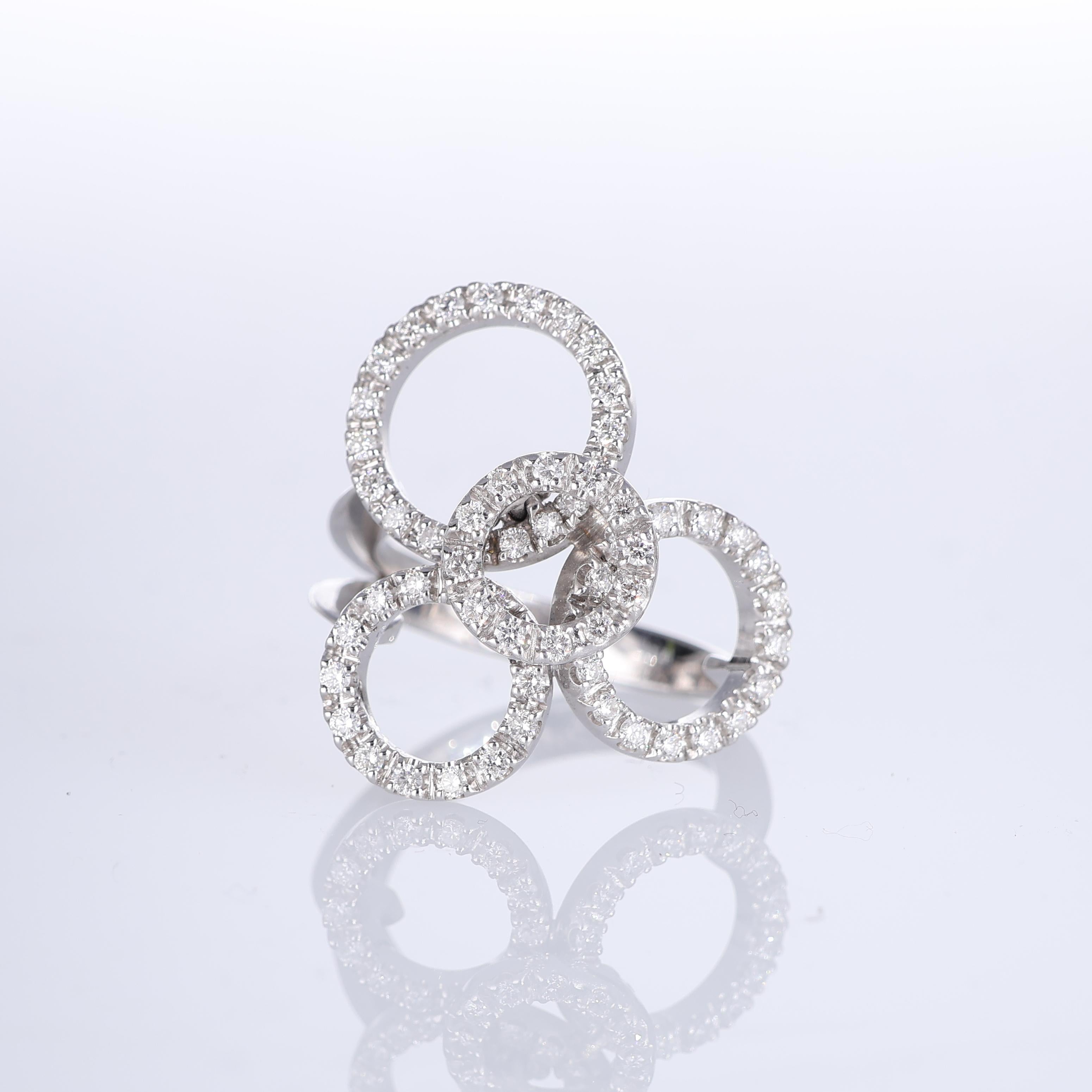 IMPORTANT NOTE:
✔ No additional costs will be added to this order.
✔ Shipping and customs duties are fully covered by us.
--------------------
A stunning 18K white gold ring featuring a contemporary design of four interlocking circles, each adorned