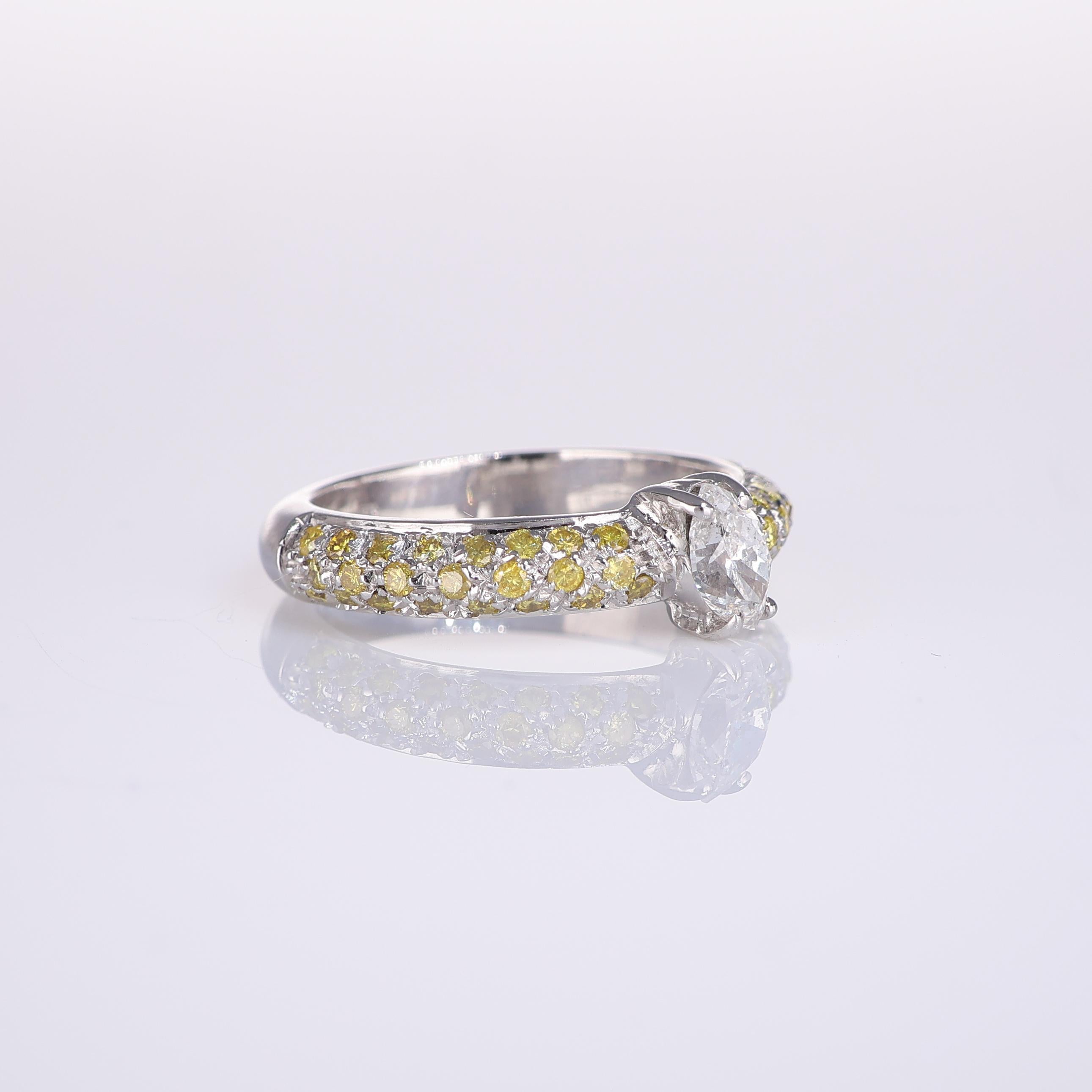 Brilliant Cut 18K White Gold Ring with Marquise Diamond and Yellow Sapphire Pavé For Sale
