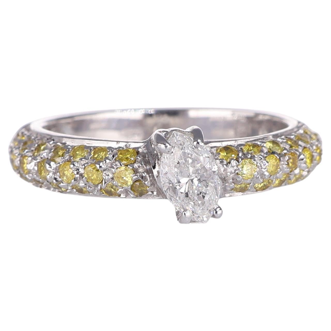 18K White Gold Ring with Marquise Diamond and Yellow Sapphire Pavé