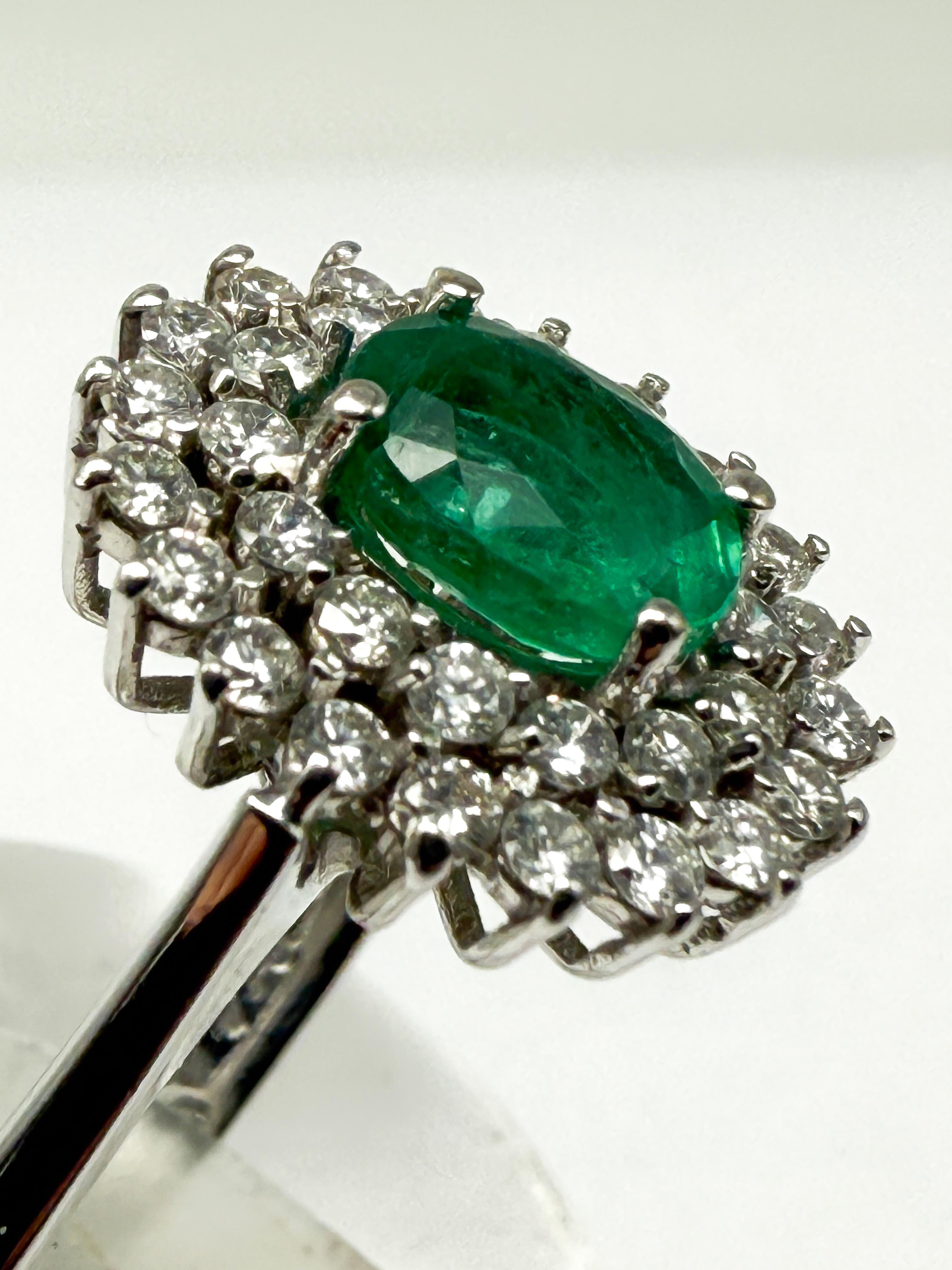 Oval Cut 18K White Gold Ring with Natural Emerald and Diamonds For Sale