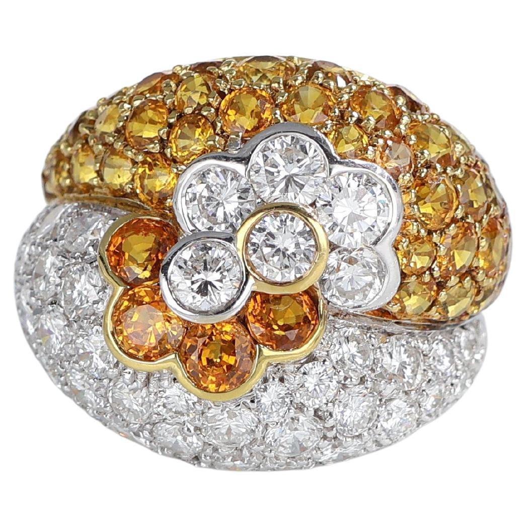 18k White Gold Ring with Pavé Diamonds, Yellow Sapphires, and Floral Design