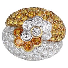 18k White Gold Ring with Pavé Diamonds, Yellow Sapphires, and Floral Design