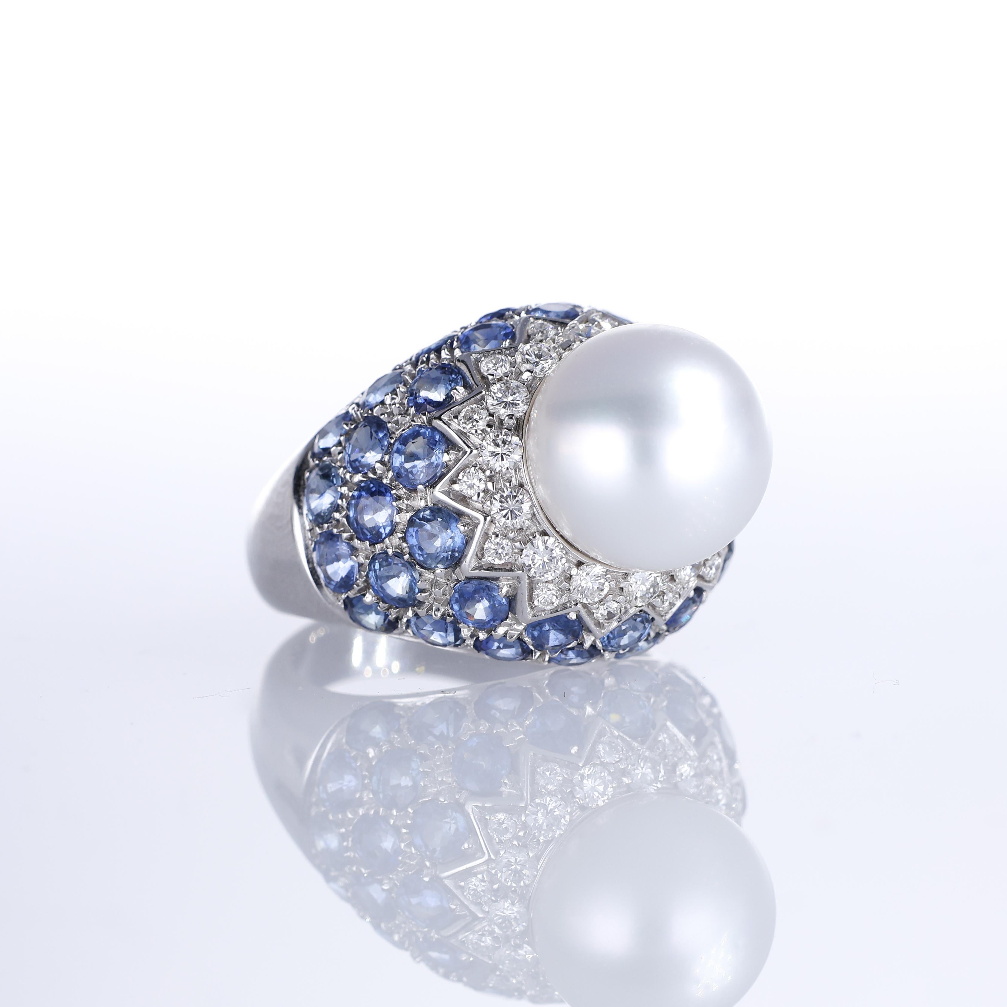 Brilliant Cut 18K White Gold Ring with Pearl, Diamonds, and Sapphires For Sale
