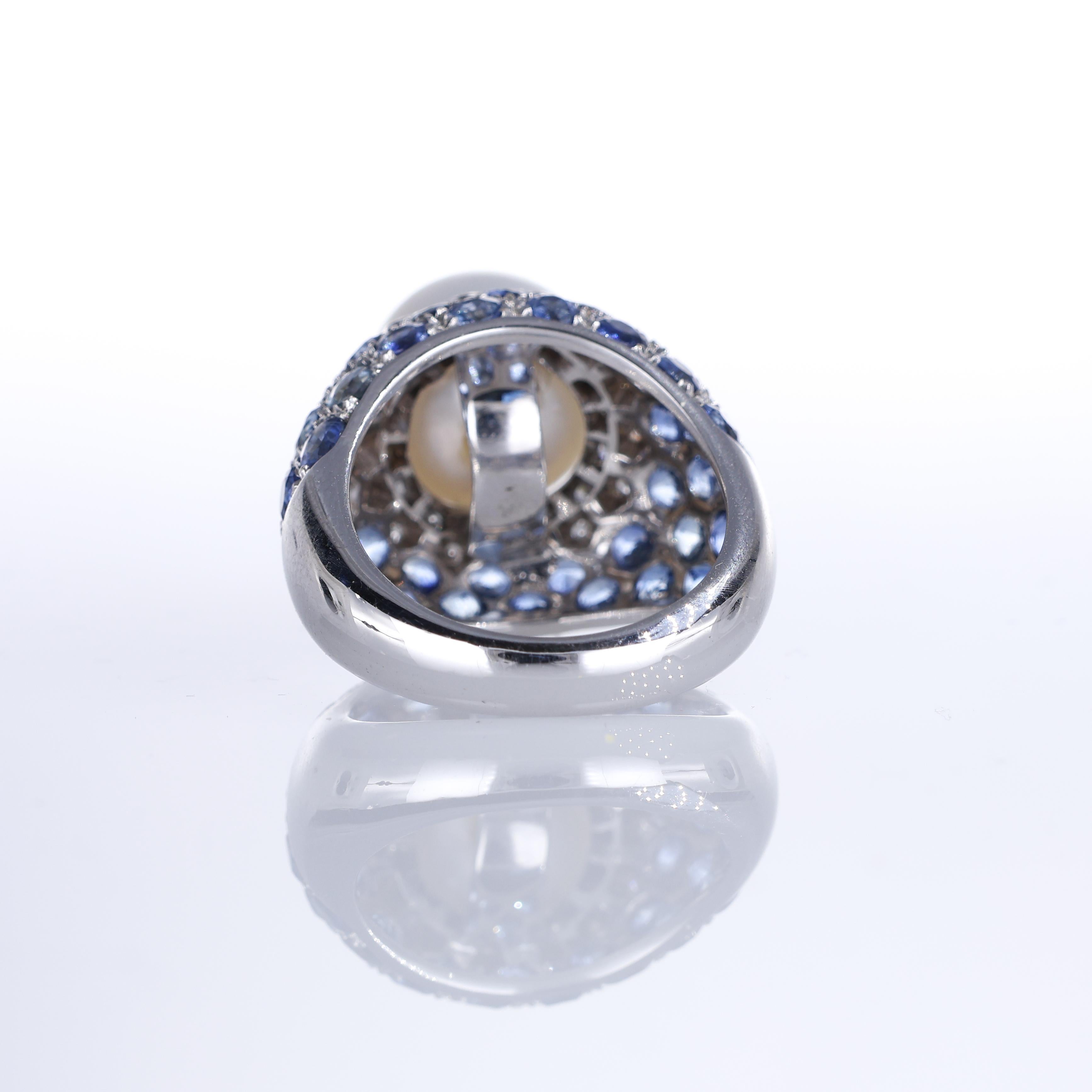 Women's or Men's 18K White Gold Ring with Pearl, Diamonds, and Sapphires For Sale