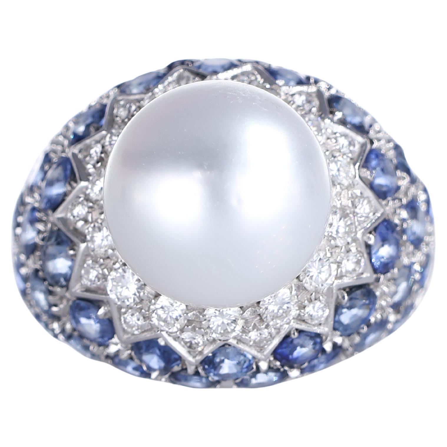 18K White Gold Ring with Pearl, Diamonds, and Sapphires