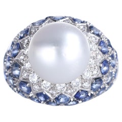 18K White Gold Ring with Pearl, Diamonds, and Sapphires