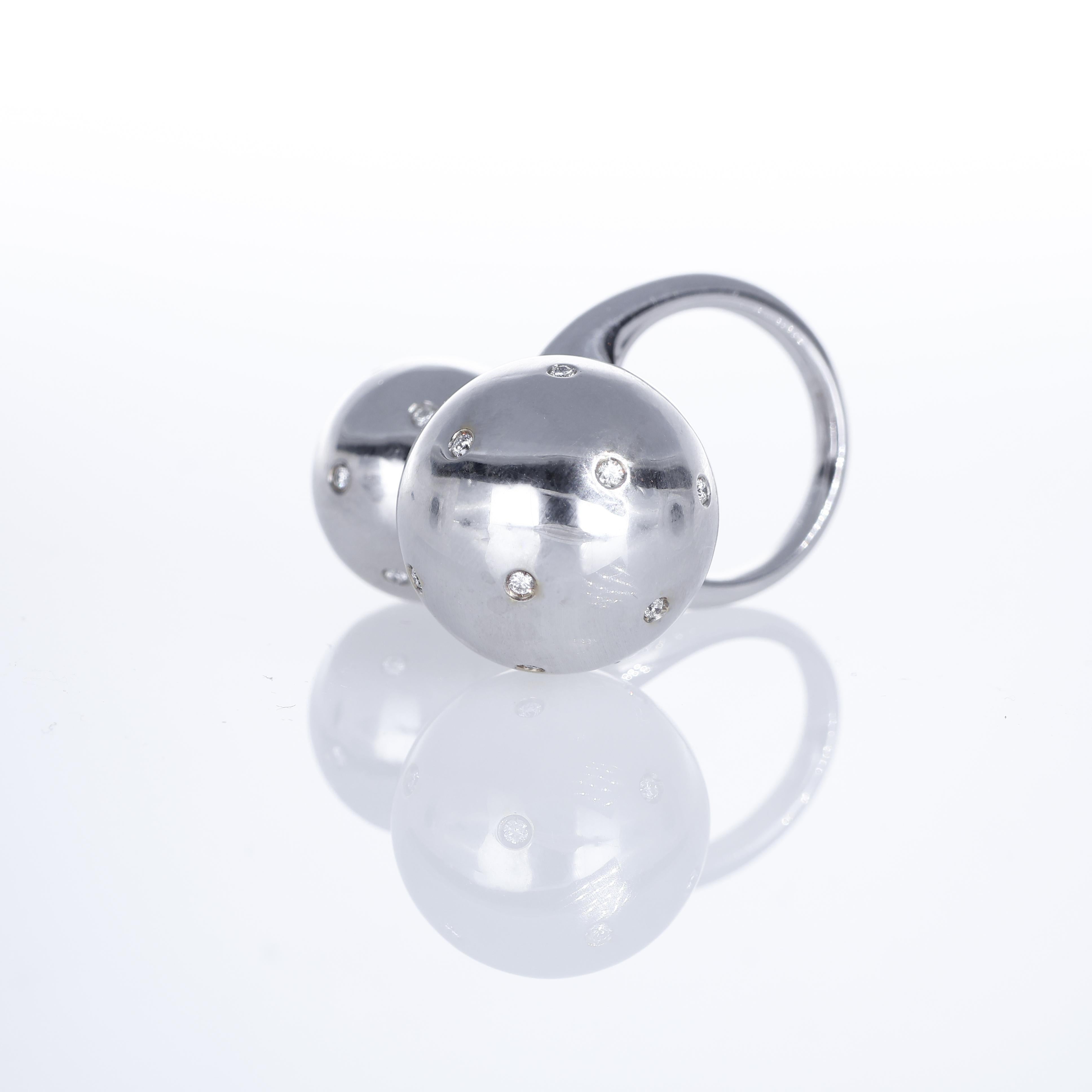 Brilliant Cut 18K White Gold Ring with Removable Diamond-Set Spheres For Sale