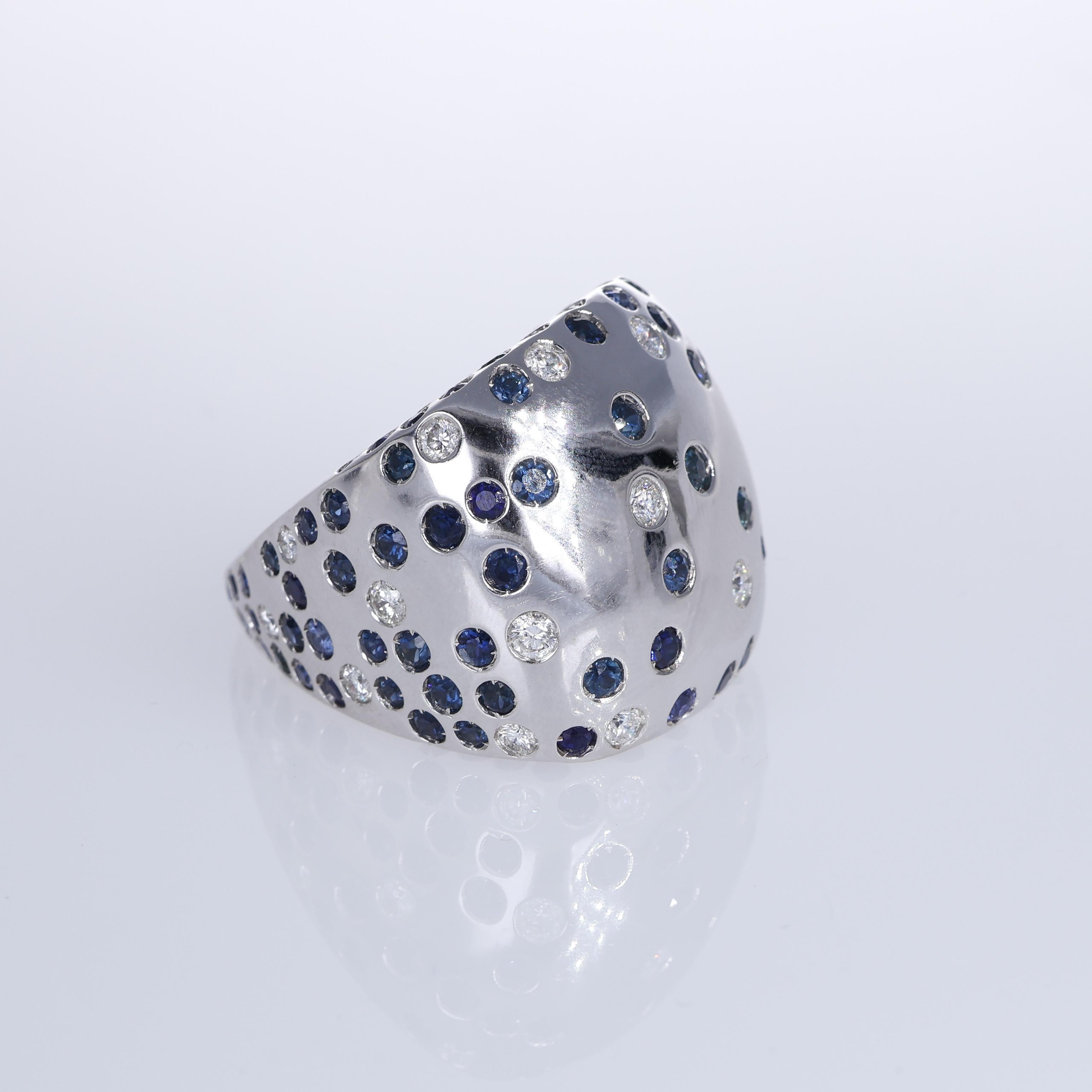 Women's or Men's 18K White Gold Ring with Sapphire and Diamond Polka Dot Design For Sale