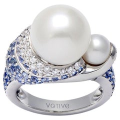 18K White Gold Ring with White Diamonds, Blue Sapphires and South Sea Pearl