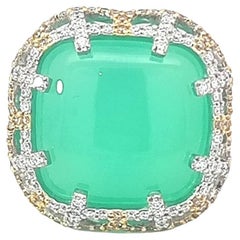 18K White Gold Rings Diamonds with Cushion Chrysoprase