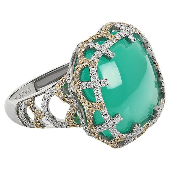 18K White Gold Rings Diamonds with Cushion Chrysoprase