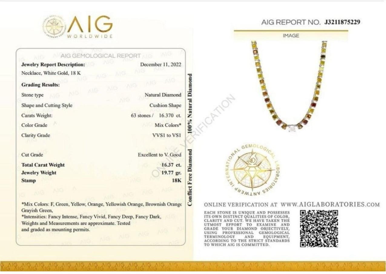 18k White Gold Riviera Necklace with 16.37 Ct Natural Diamonds AIG Cert For Sale 4