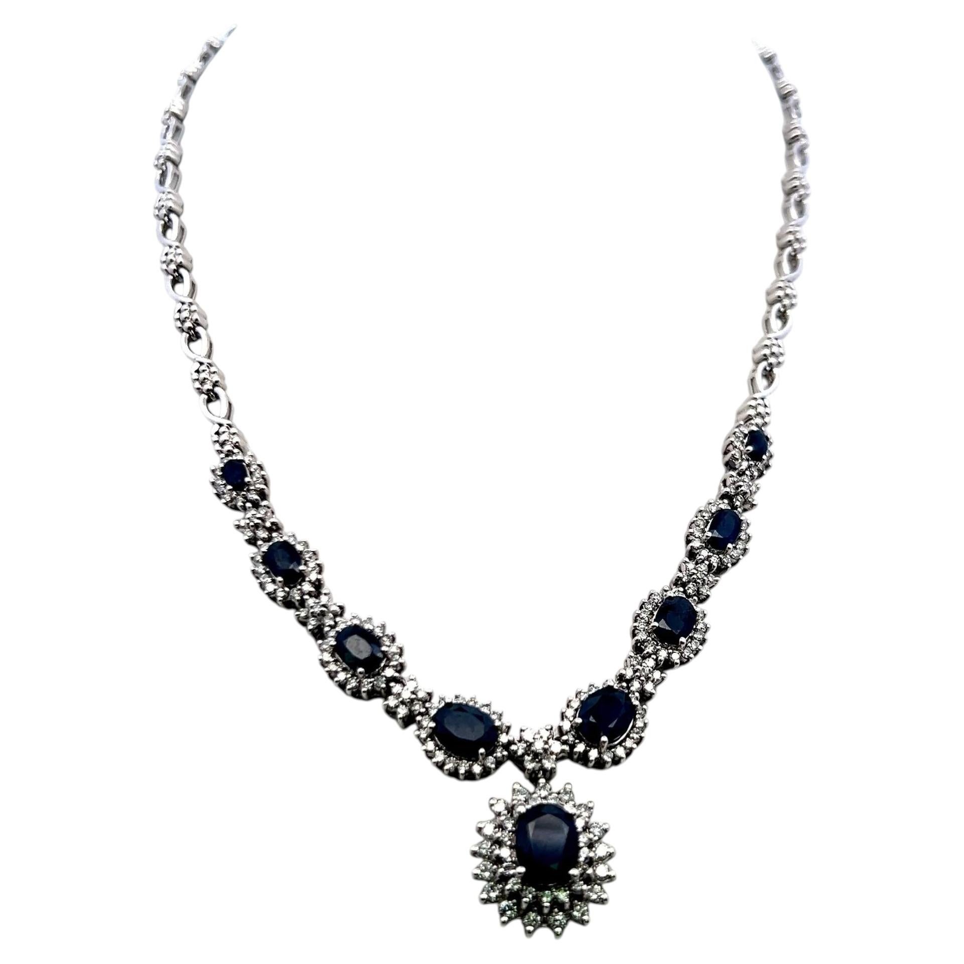 18K White Gold Riviera Necklace with 4ct Round H-VS Diamonds and 6.5ct Sapphires