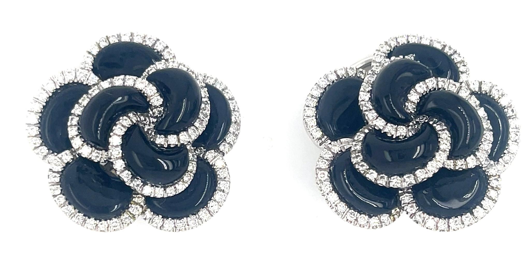18k White Gold Roberto Casarin Diamond and Onyx Flower Ear Clips Gorgeous! For Sale 4
