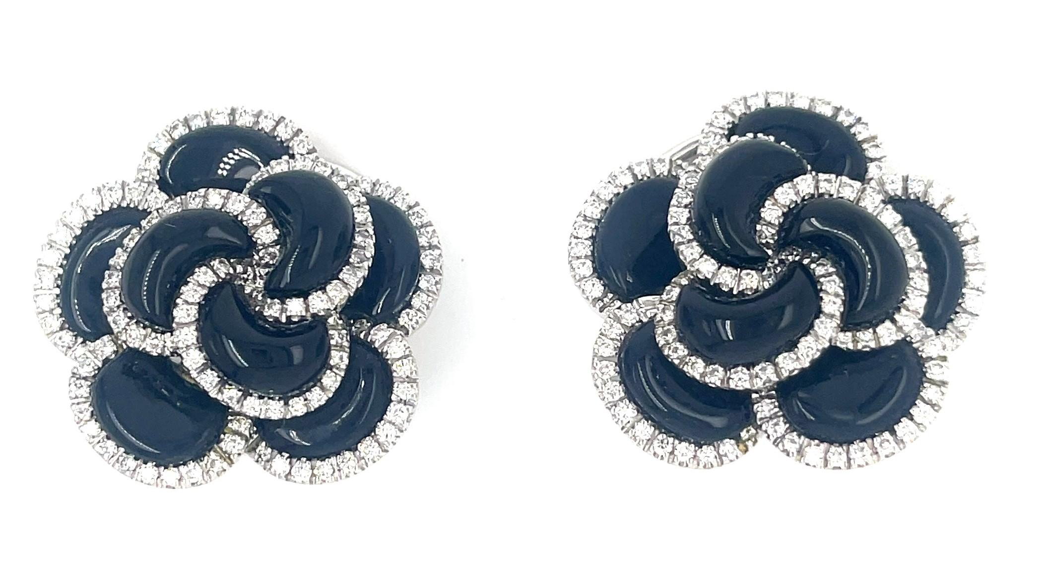 18k White Gold Roberto Casarin Diamond and Onyx Flower Ear Clips Gorgeous! For Sale 6