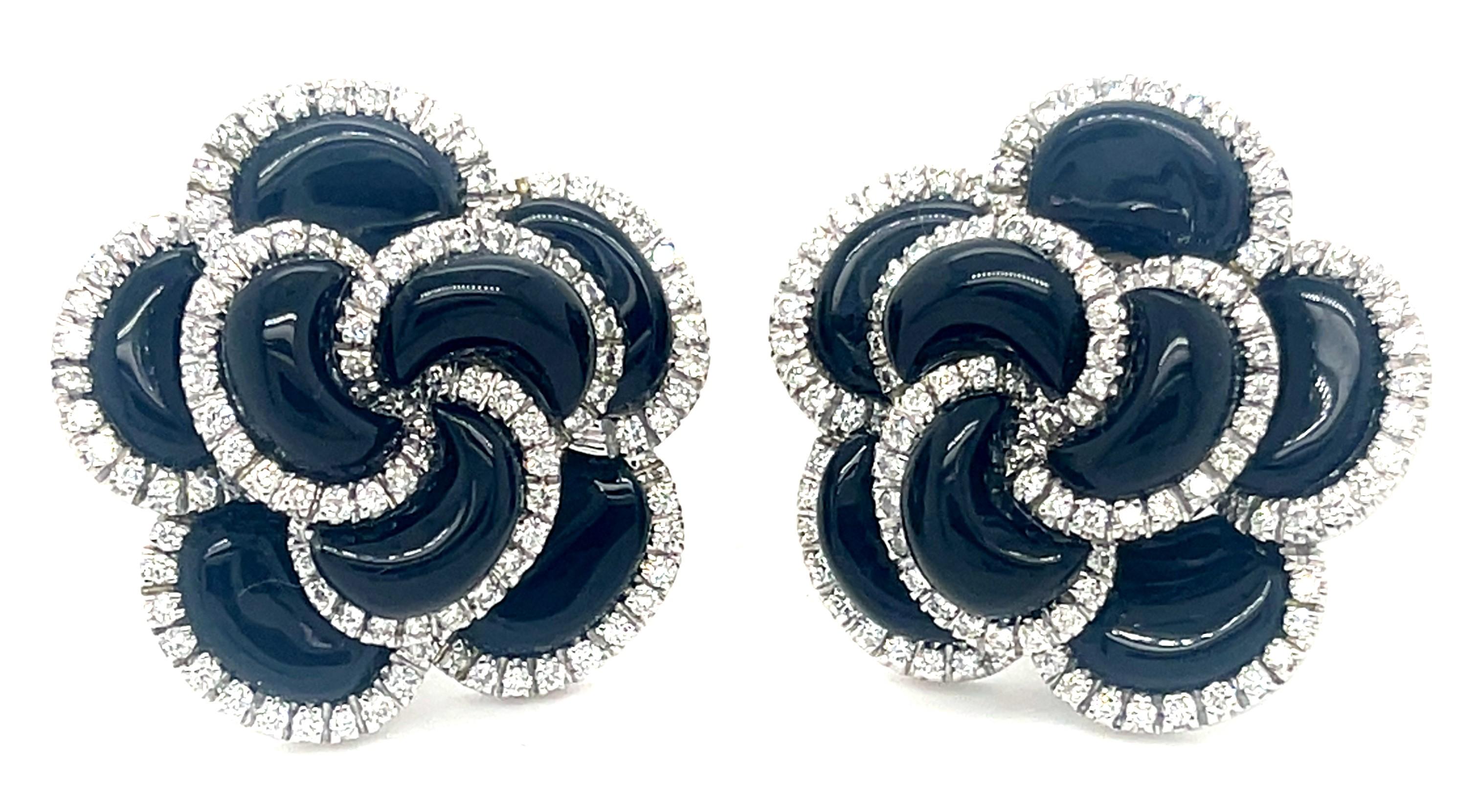 Gorgeous Ear Clips
Feature Onyx and Diamond Floral Design
Feature Clip-On Backs w/ Retractable Posts (Can be worn for pierced or unpierced ears)
29 mm in Diameter
Total Mass = 32.4 grams

Reference Item #DB-1397 JP 6/6/25