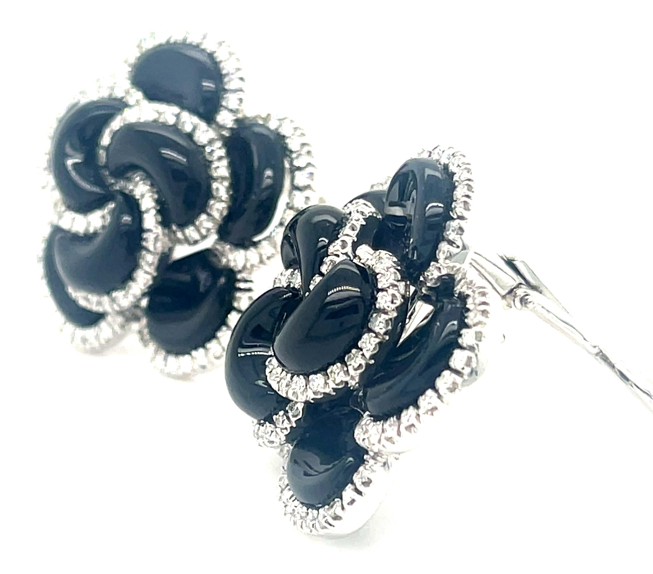 Modern 18k White Gold Roberto Casarin Diamond and Onyx Flower Ear Clips Gorgeous! For Sale