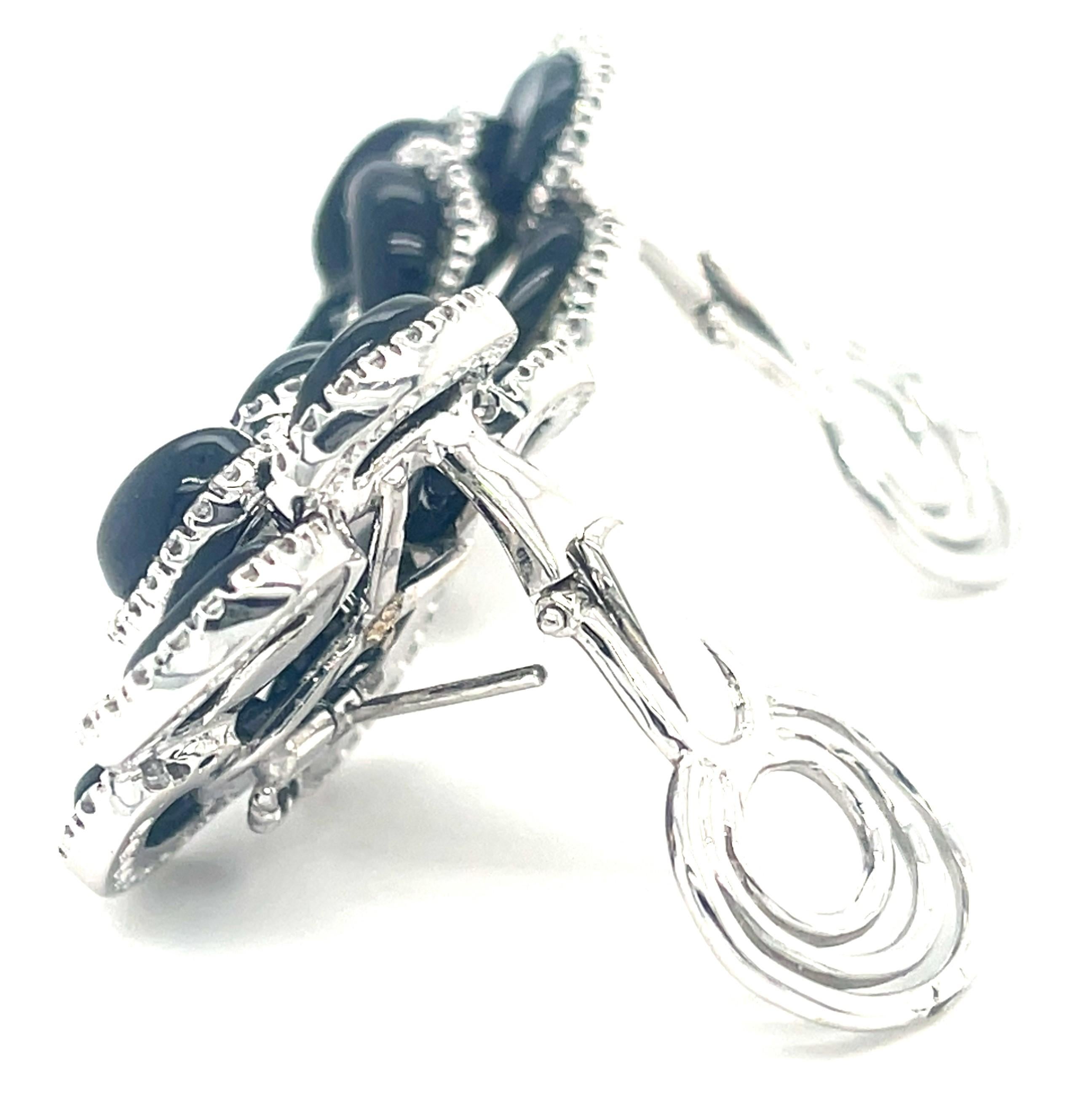 Round Cut 18k White Gold Roberto Casarin Diamond and Onyx Flower Ear Clips Gorgeous! For Sale