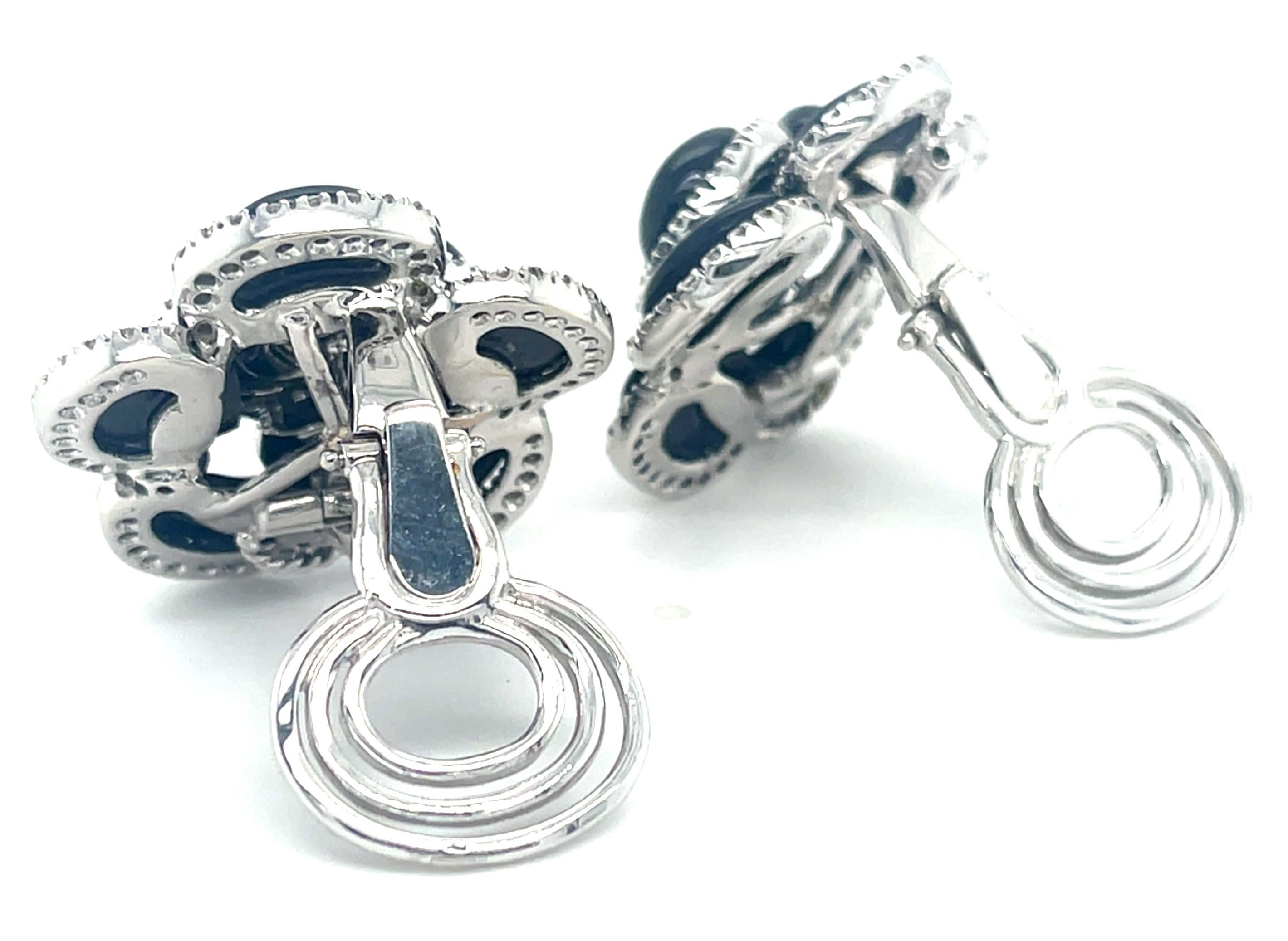 18k White Gold Roberto Casarin Diamond and Onyx Flower Ear Clips Gorgeous! In Good Condition For Sale In Sherman Oaks, CA