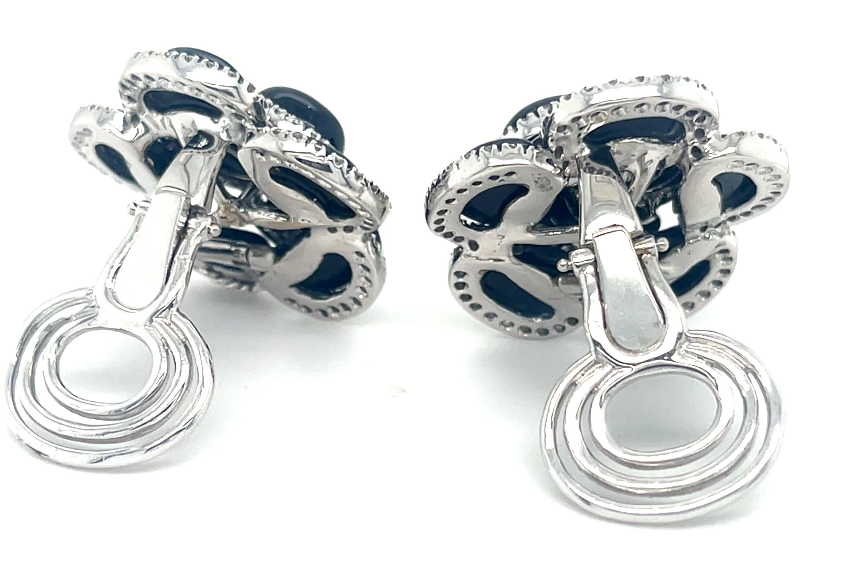 Women's or Men's 18k White Gold Roberto Casarin Diamond and Onyx Flower Ear Clips Gorgeous! For Sale